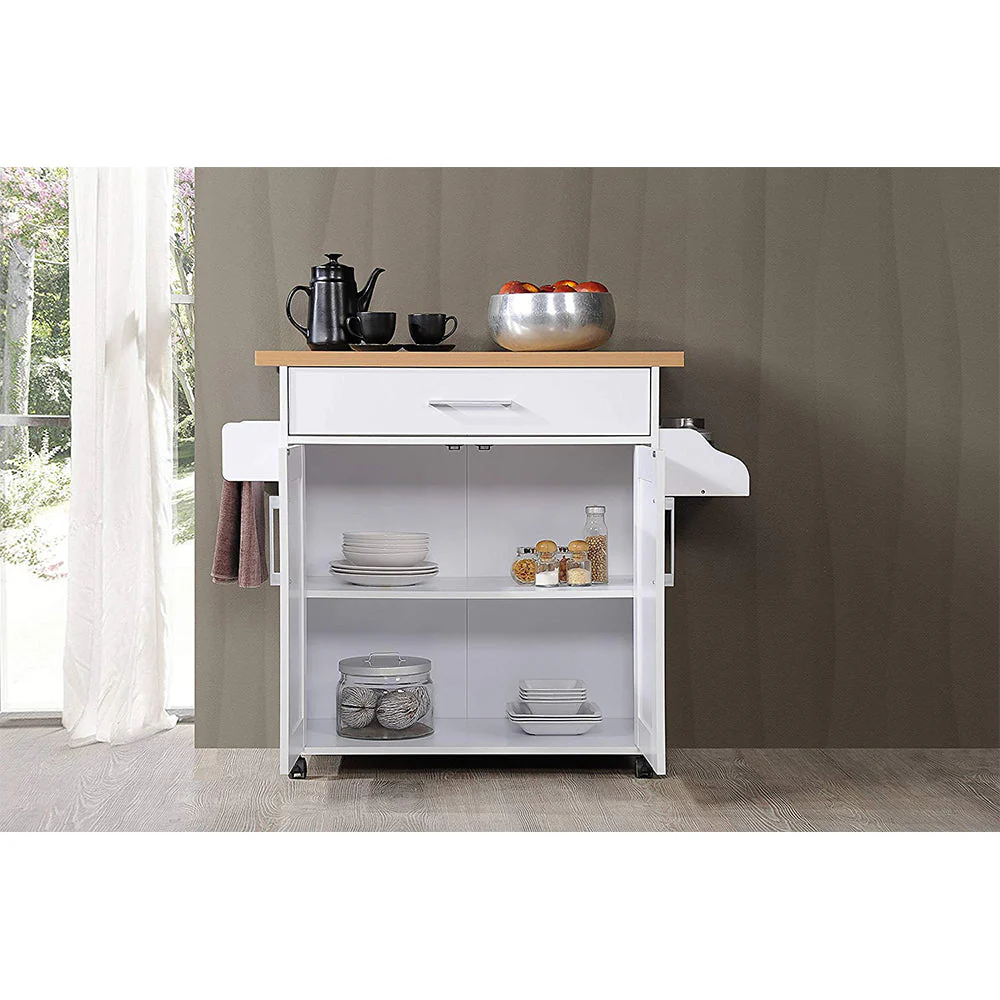 Hodedah Import Wheeled Kitchen Island w/Spice Rack & Towel Holder, White/Beech - Image 6
