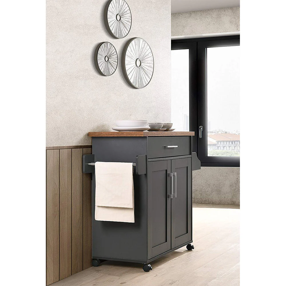 Hodedah Wheeled Kitchen Island Cart with Spice Rack and Towel Holder, Gray/Oak - Image 3