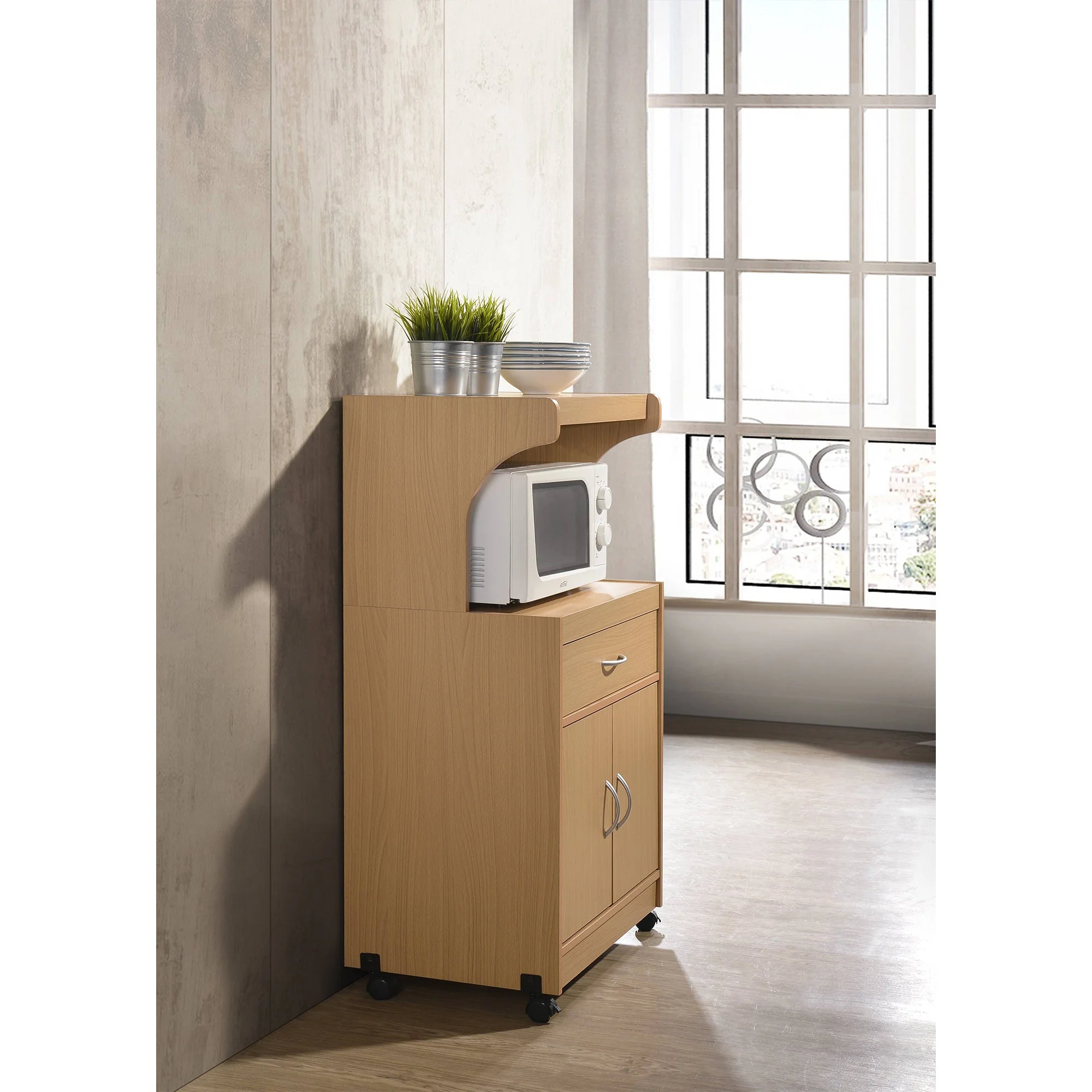Hodedah Wheeled Kitchen Microwave Cart with Drawer and Cabinet Storage, Beech - Image 3