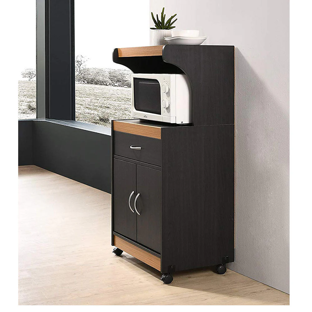 Hodedah Wheeled Microwave Island Cart with Drawer and Cabinet Storage, Black-Beech - Image 5