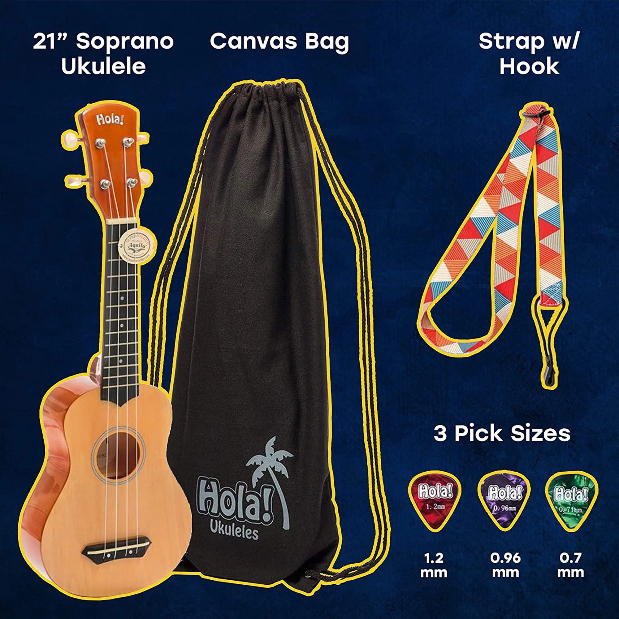 Hola! Music Color Series Soprano Ukulele with Tote Bag, Strap, & Picks, Natural - Image 2