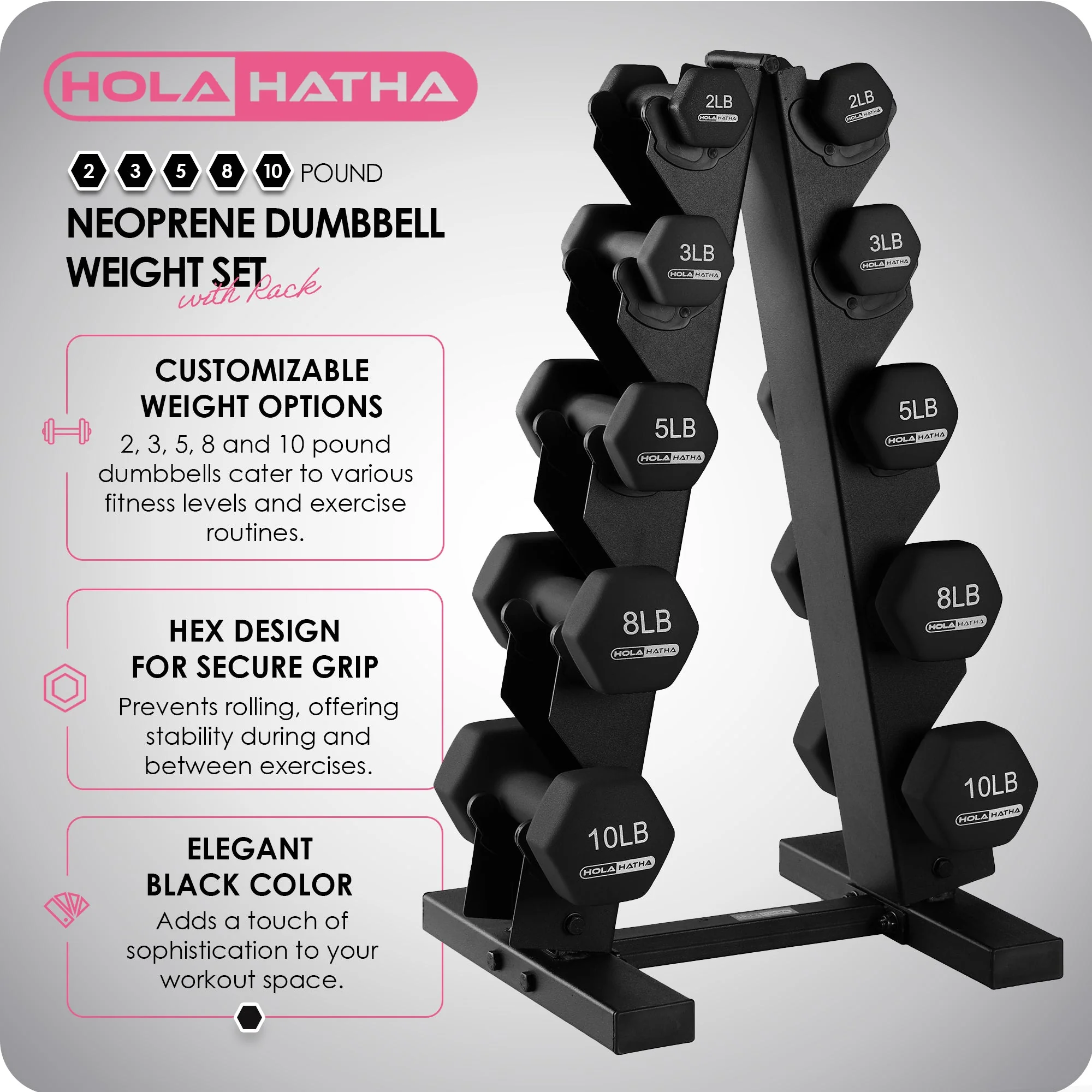 HolaHatha 2, 3, 5, 8 & 10 Pound Neoprene Dumbbell Weight Set with Storage Rack - Image 2