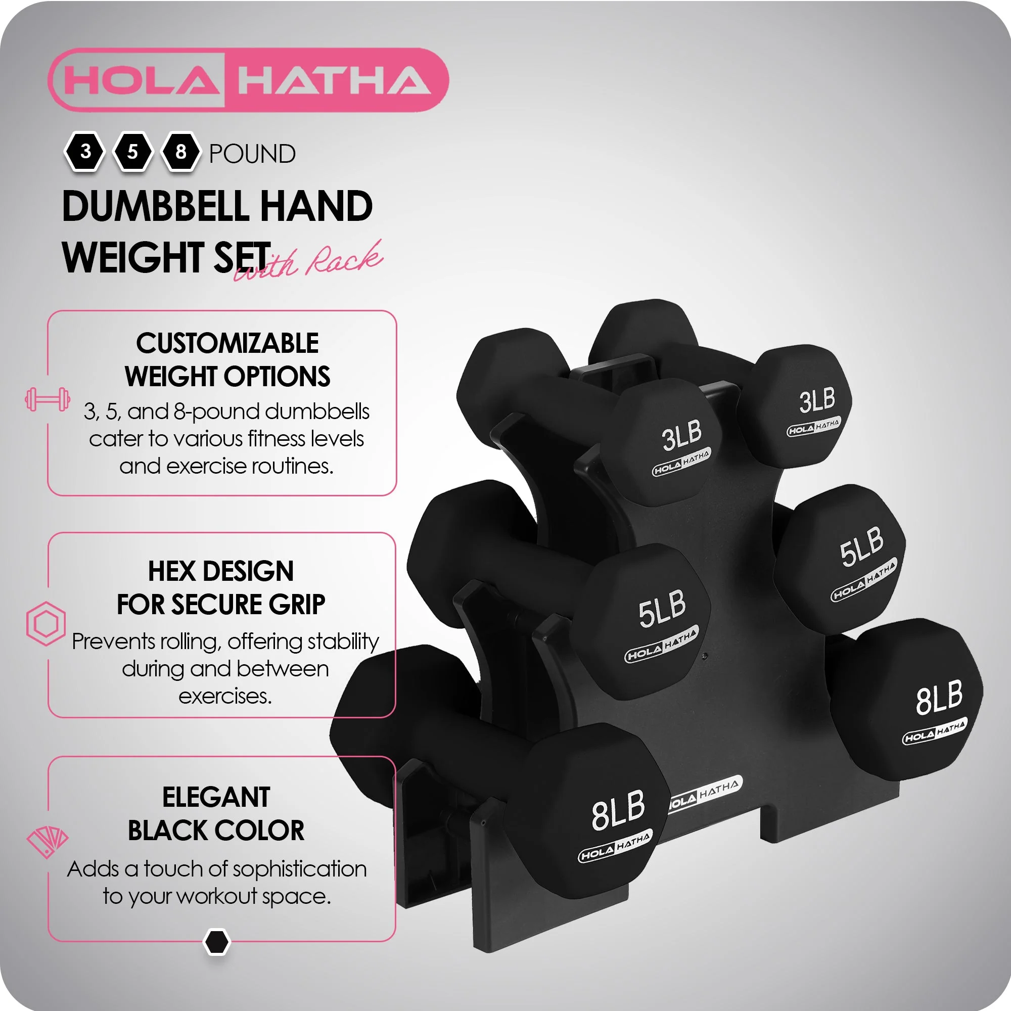 HolaHatha 3, 5 & 8 Pound Hex Dumbbell Hand Weight Set with Storage Rack, Black - Image 2