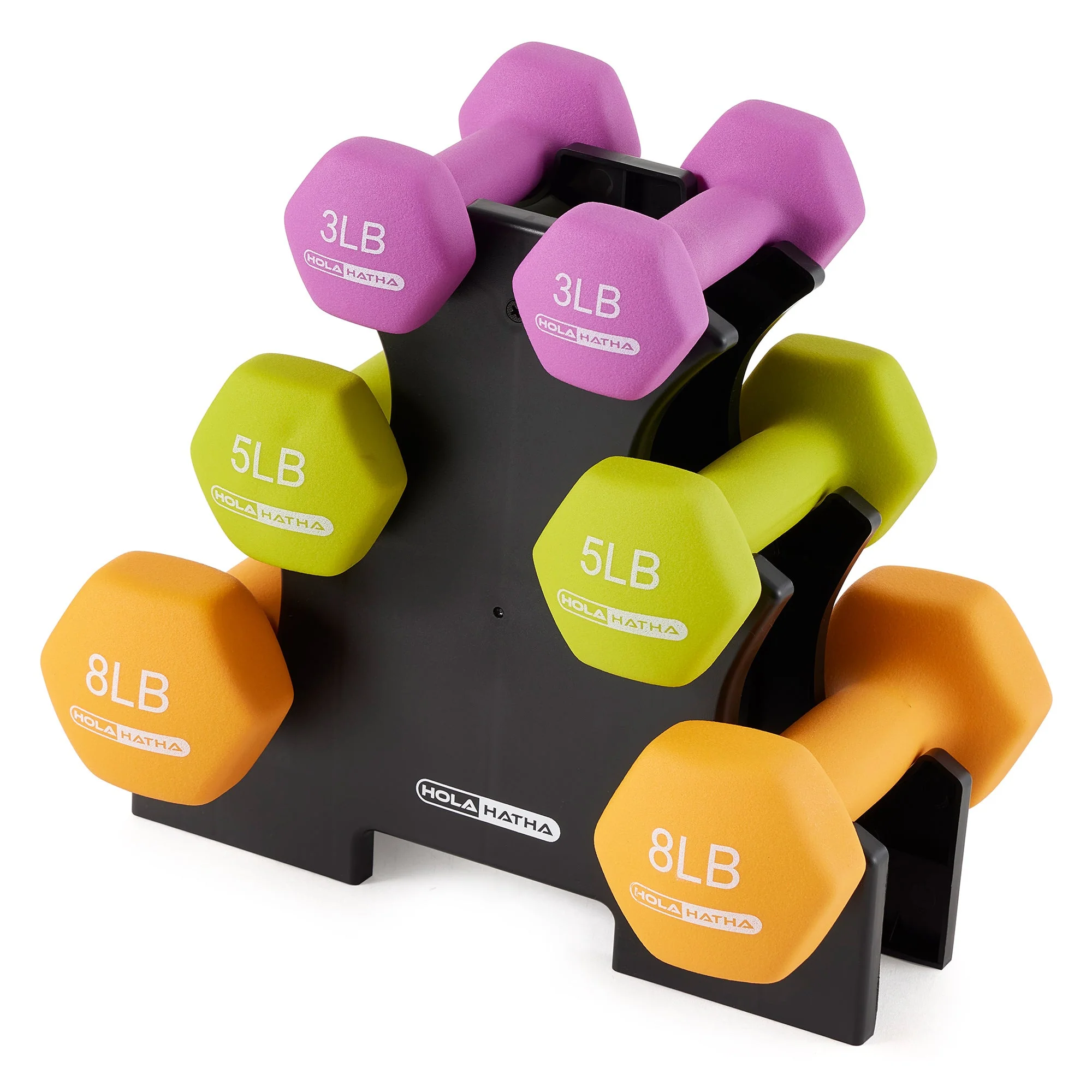 HolaHatha 3, 5 and 8 Pound Neoprene Dumbbell Strength Training Weights Set Rack - Image 12