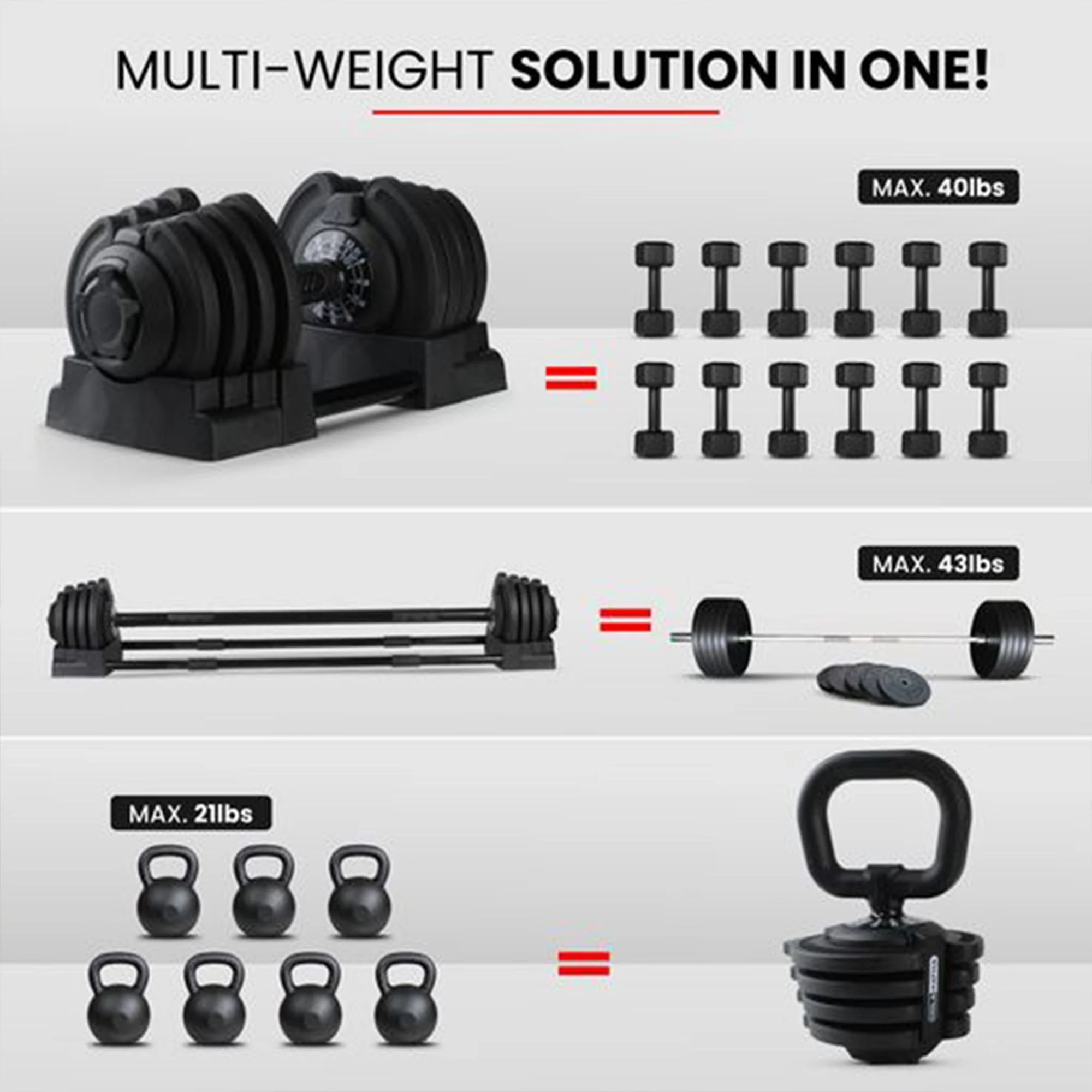 HolaHatha 3-in-1 Multifunctional Home Gym Workout Dumbbell Set Equipment, Black - Image 6