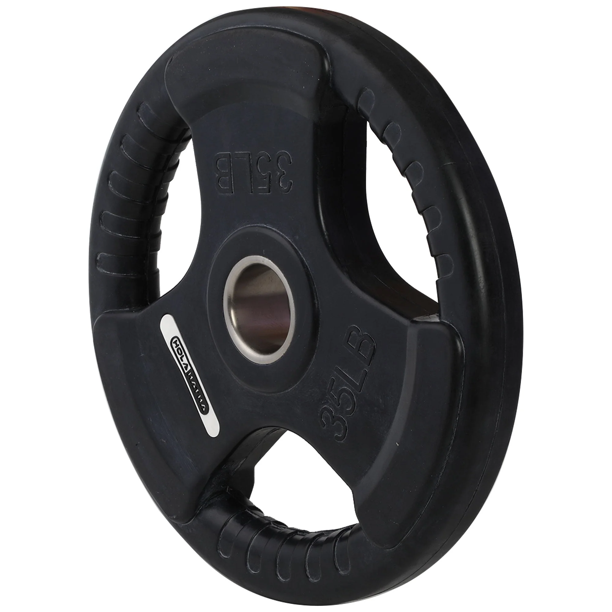 HolaHatha 35 Pound Olympic Rubber Coated Weight Plate w/Tri Grip Handle, Black - Image 4