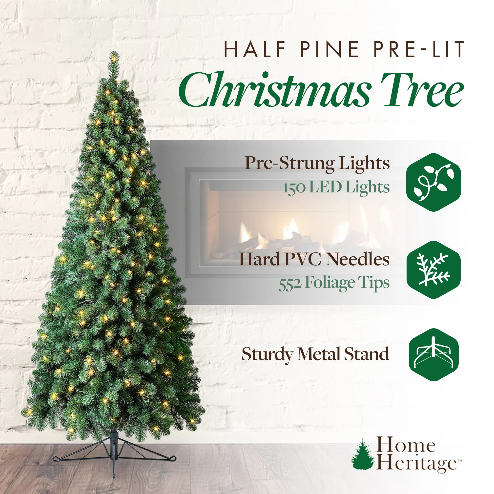 Home Heritage Half Pine 7' Pre-Lit Artificial Christmas Tree, 150 Warm White LED - Image 2