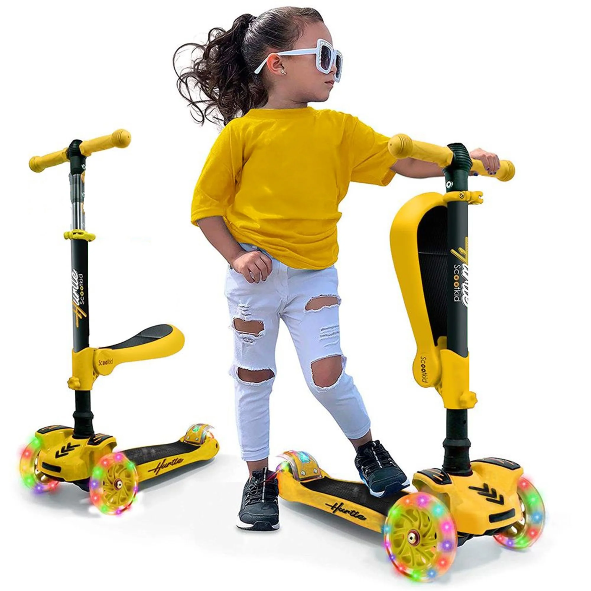 Hurtle ScootKid 3 Wheel Toddler Child Ride On Toy Scooter w/ LED Wheels, Yellow - Image 7