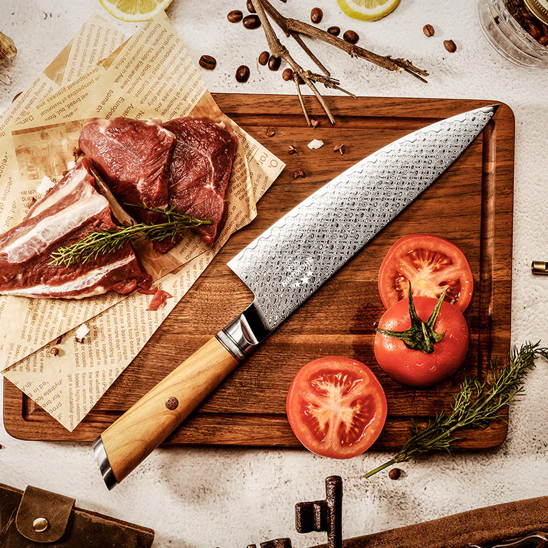 HyperEdge Damascus Chef Knife with Pine Cone Handle & Sheath - Image 3