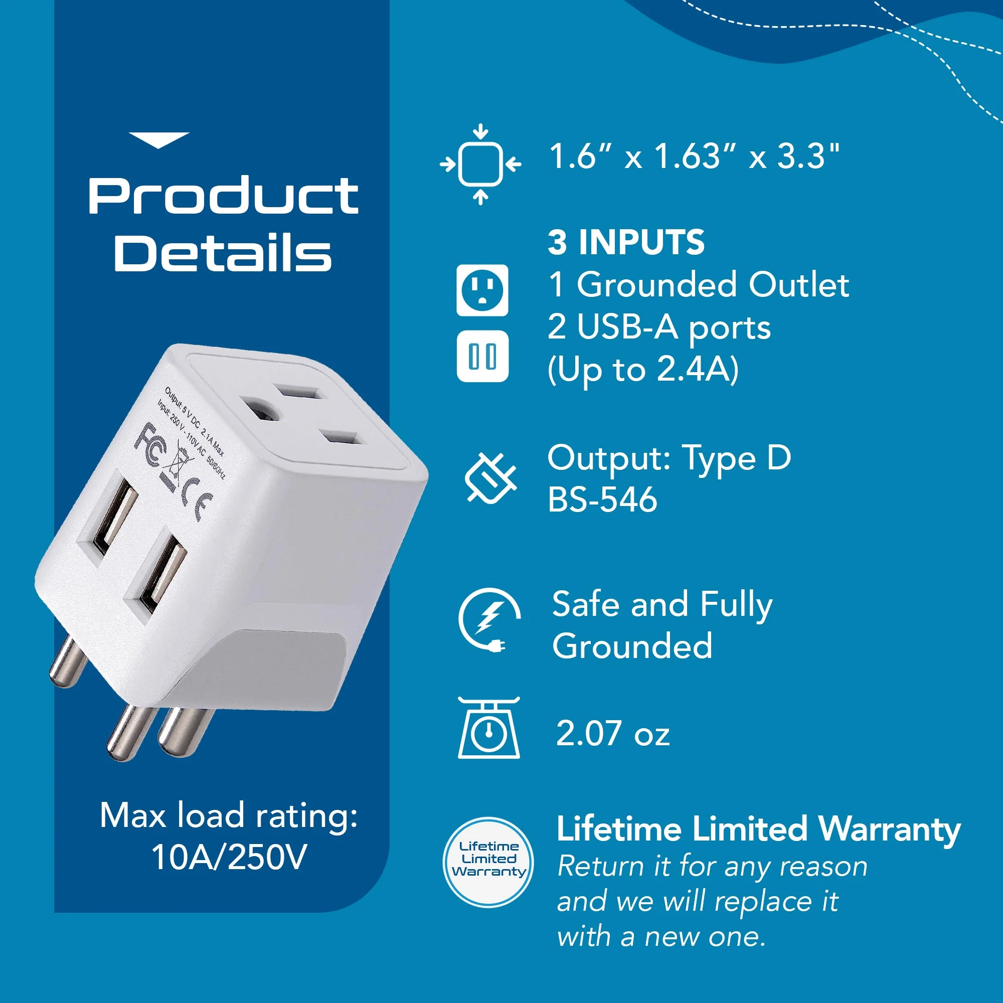 India Travel Adapter - Type D - Dual USB (CTU-10) - Image 4