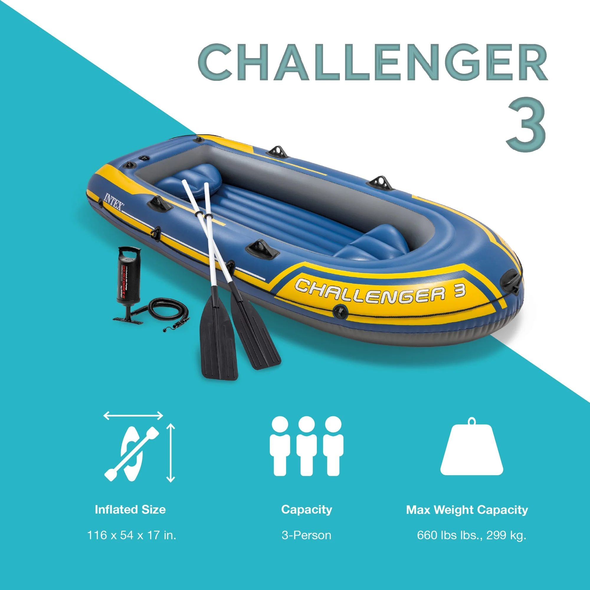 Intex 68370EP Challenger 3 Inflatable Raft Boat Set With Pump And Oars, Blue - Image 2