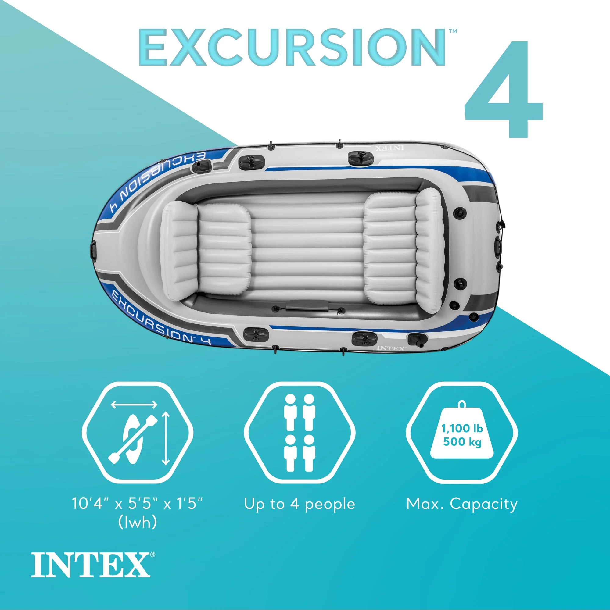 Intex Excursion 4 Person Inflatable Rafting and Fishing Boat Set with 2 Oars - Image 2