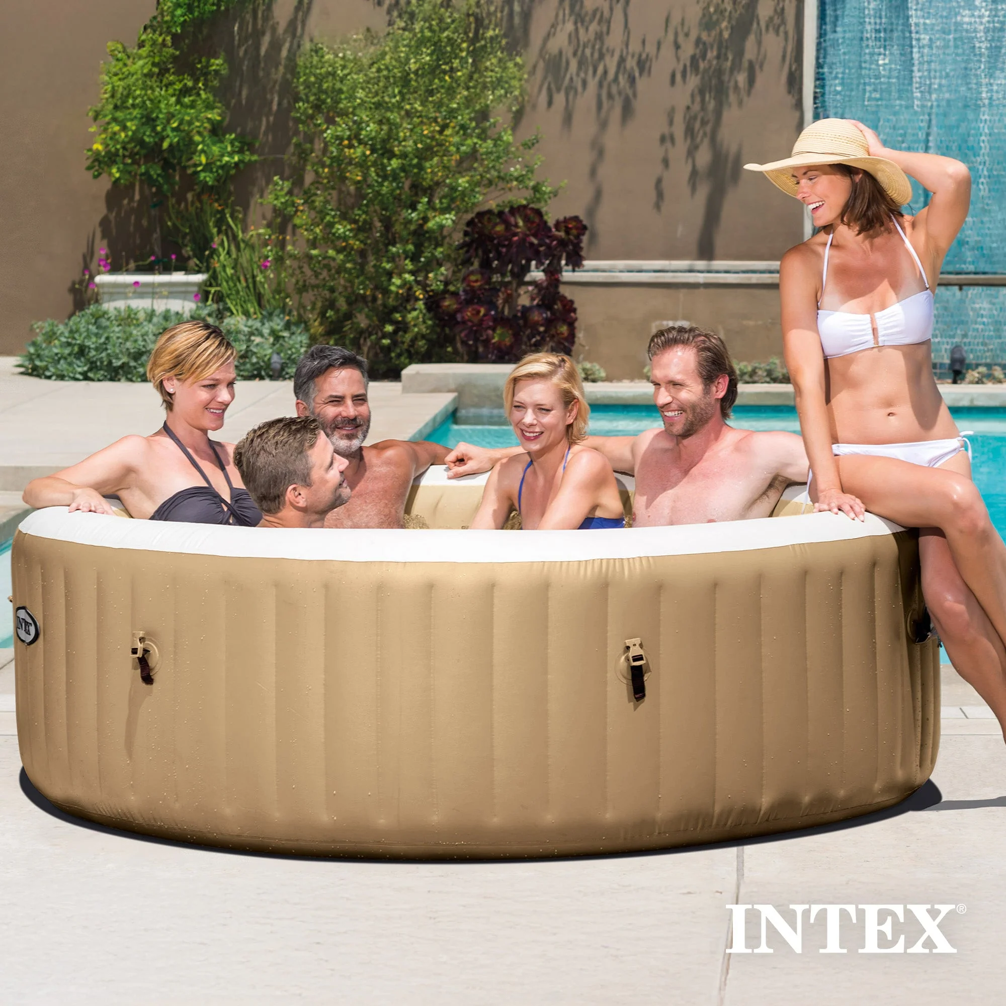 Intex PureSpa 6 Person Bubble Massage Inflatable Hot Tub Spa Set, Sahara Tan - Image 5