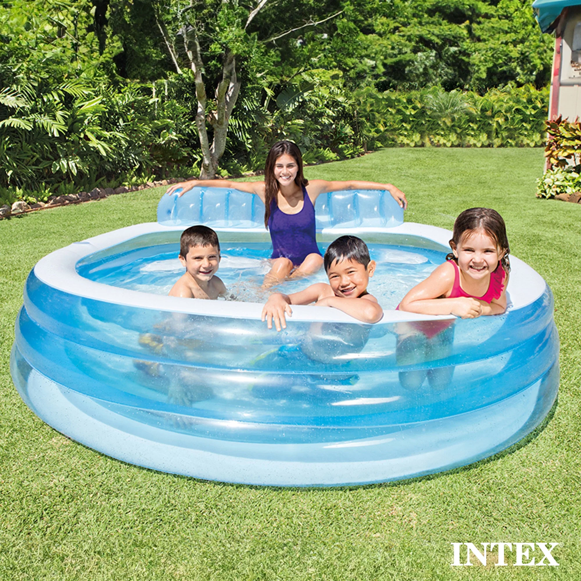 Intex Swim Center Round Inflatable Above Ground Family Lounge Outdoor Pool, Blue - Image 8