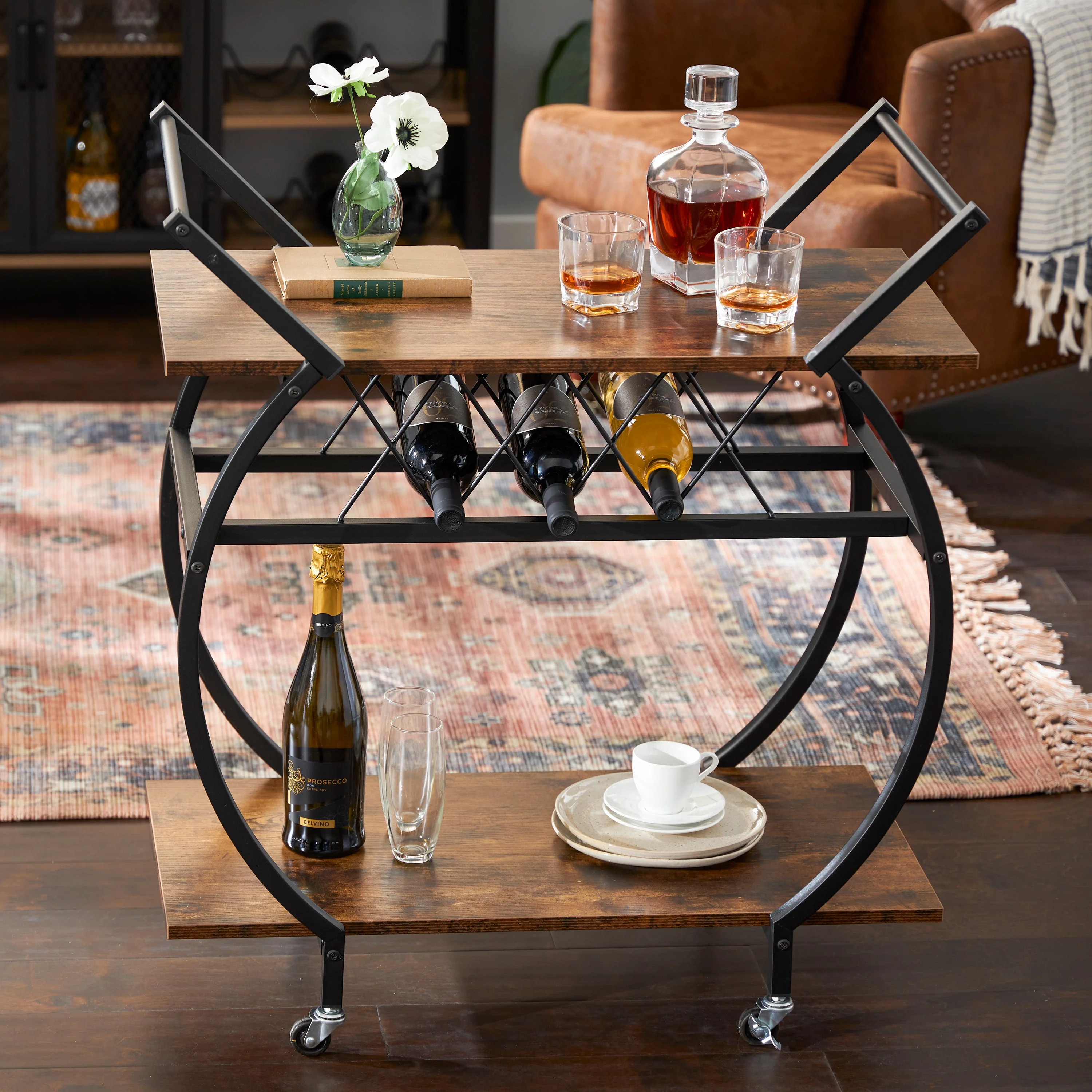 Jomeed Wood and Metal Portable Kitchen Bar or Coffee Cart with Wine Rack, Brown - Image 2