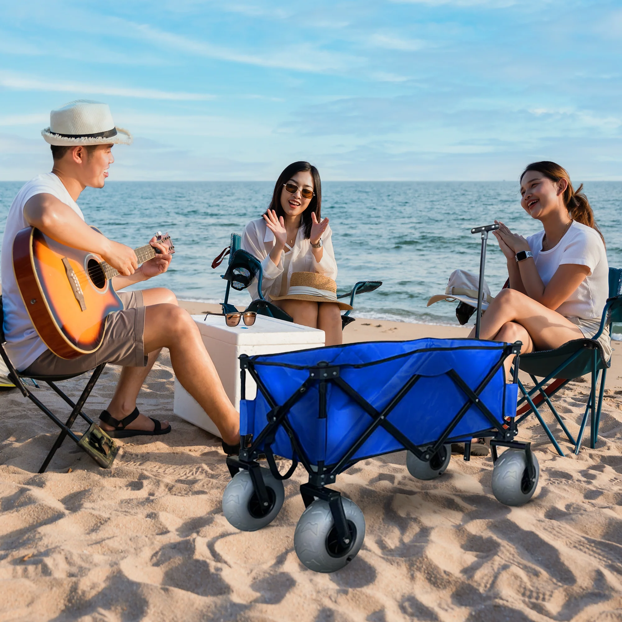 Juggernaut Carts Collapsible Folding Outdoor Beach Utility Wagon w/ Cover, Blue - Image 6