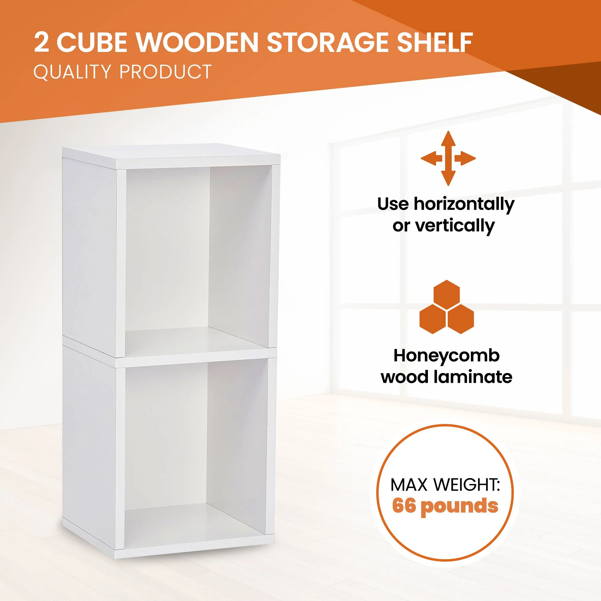 Juggernaut Storage 2 Cube Wooden Storage Shelf Bookshelf Home Organizer, White - Image 2