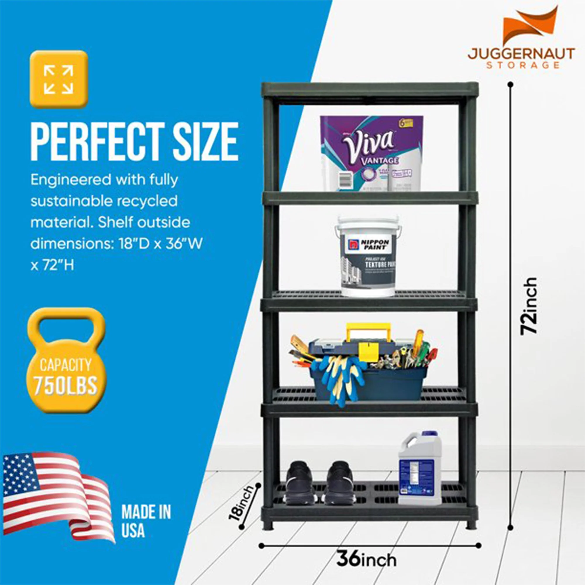 Juggernaut Storage 72 Inch 5 Shelf Plastic Utility Shelving Storage Unit, Black - Image 5