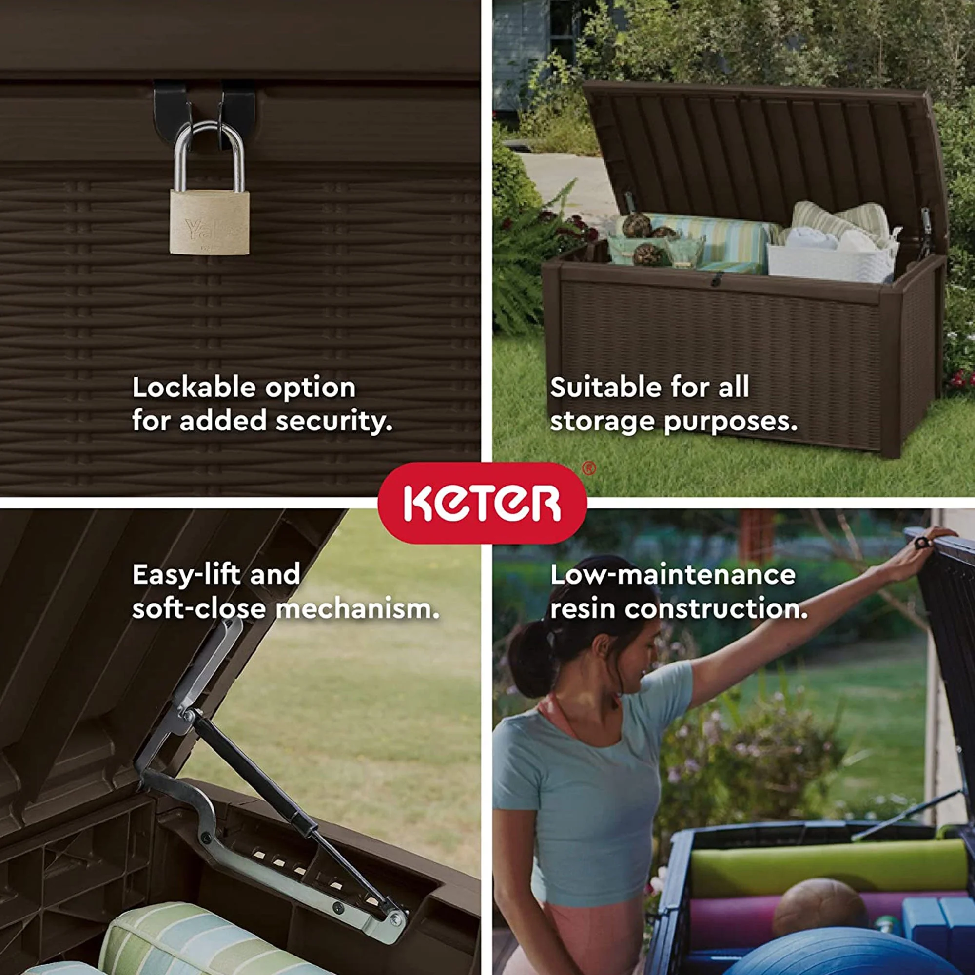 Keter Borneo 110 Gallon Rattan Resin Patio Storage Deck Box and Bench (2 Pack) - Image 6