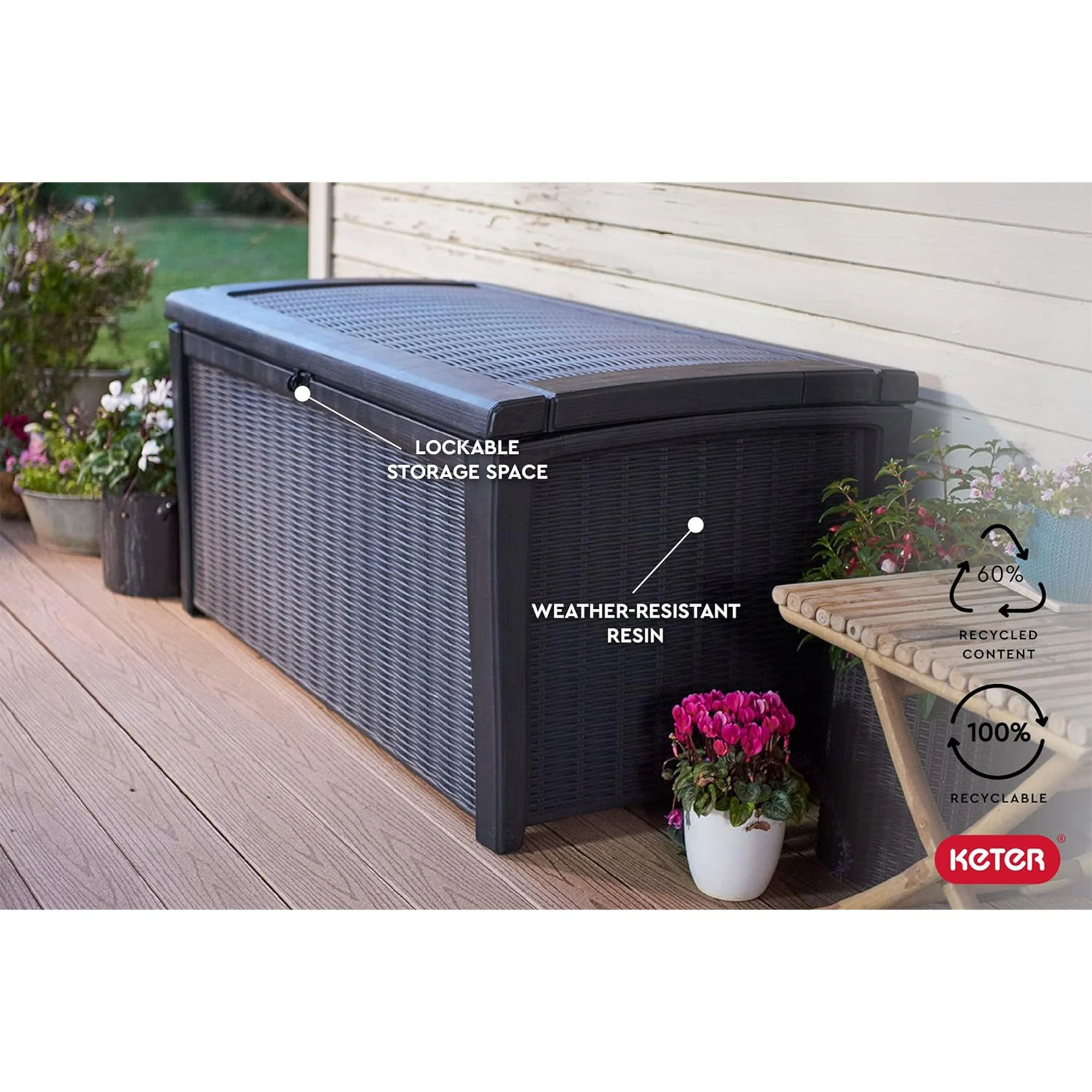 Keter Borneo 110 Gallon Rattan Wicker Resin Patio Deck Storage Box Bench, Grey - Image 4