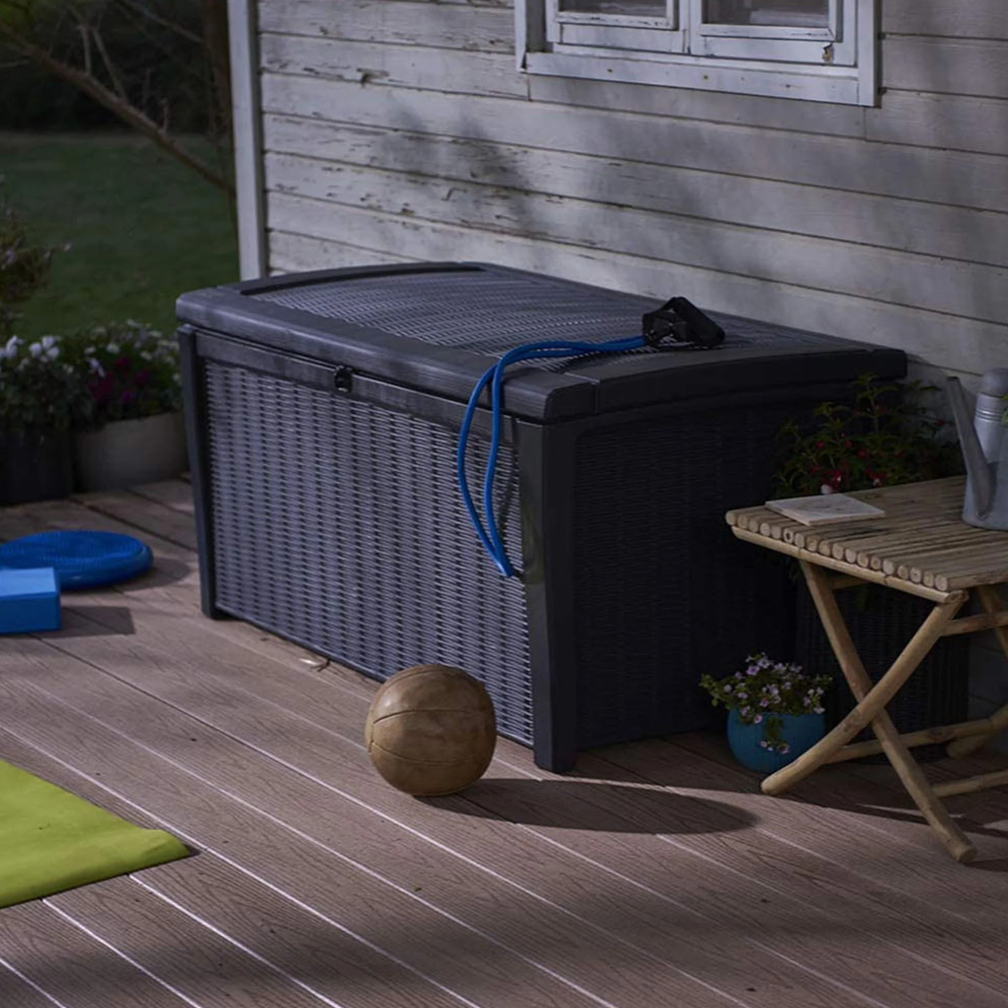 Keter Borneo Rattan Wicker Resin Patio Deck Storage Box Bench, Grey (2 Pack) - Image 7