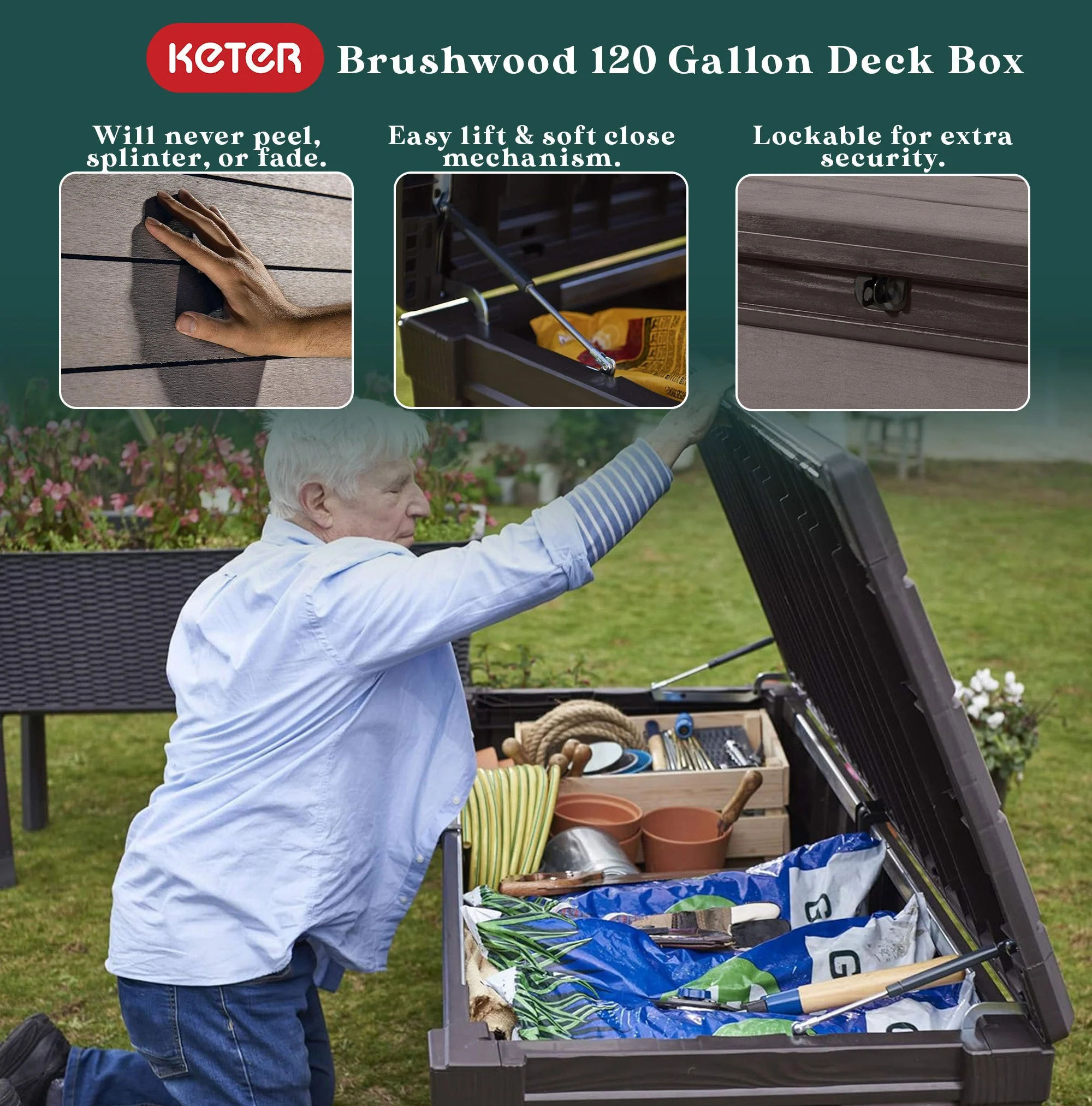 Keter Brushwood 120 Gallon Resin Outdoor Deck Storage Box for Yard Tools, Brown - Image 3