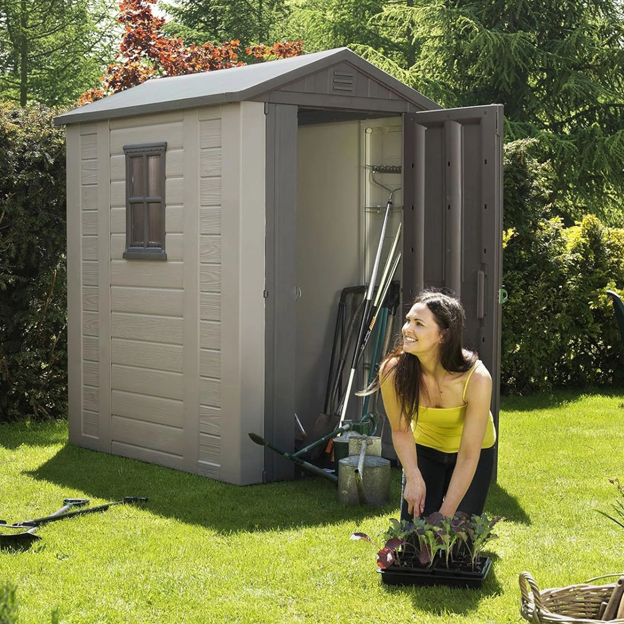 Keter Factor 4 x 6 Foot Outdoor Garden Tool Storage Shed with Window, Brown - Image 3