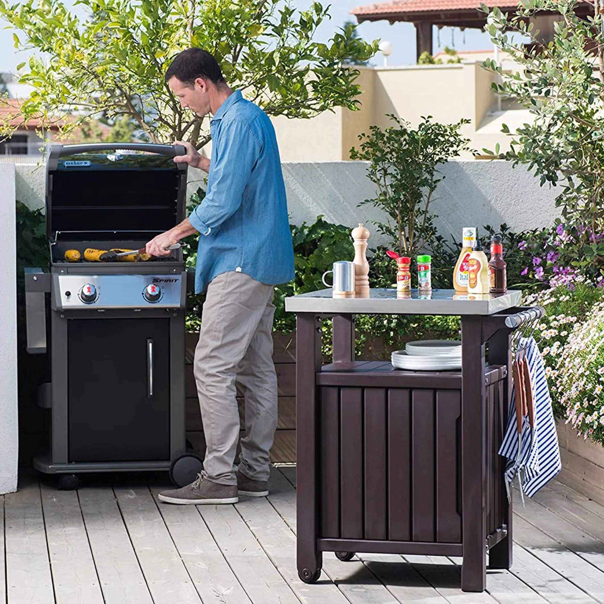 Keter Unity 40 Gal Grilling Bar Cart with Borneo 110 Gal Storage Deck Box, Brown - Image 10