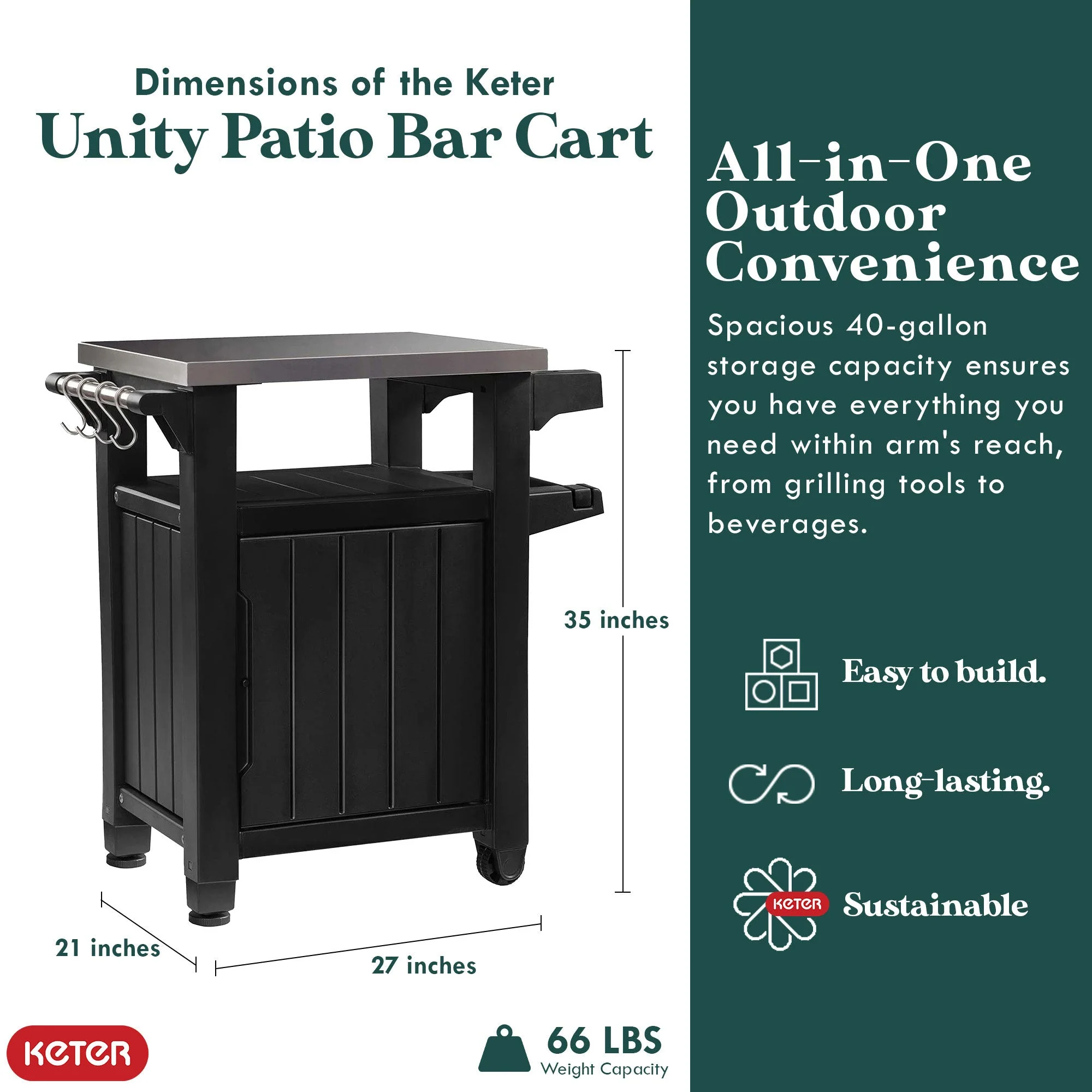 Keter Unity 40 Gallon Stainless Steel Top Storage Grilling Bar Cart (Set of 2) - Image 4