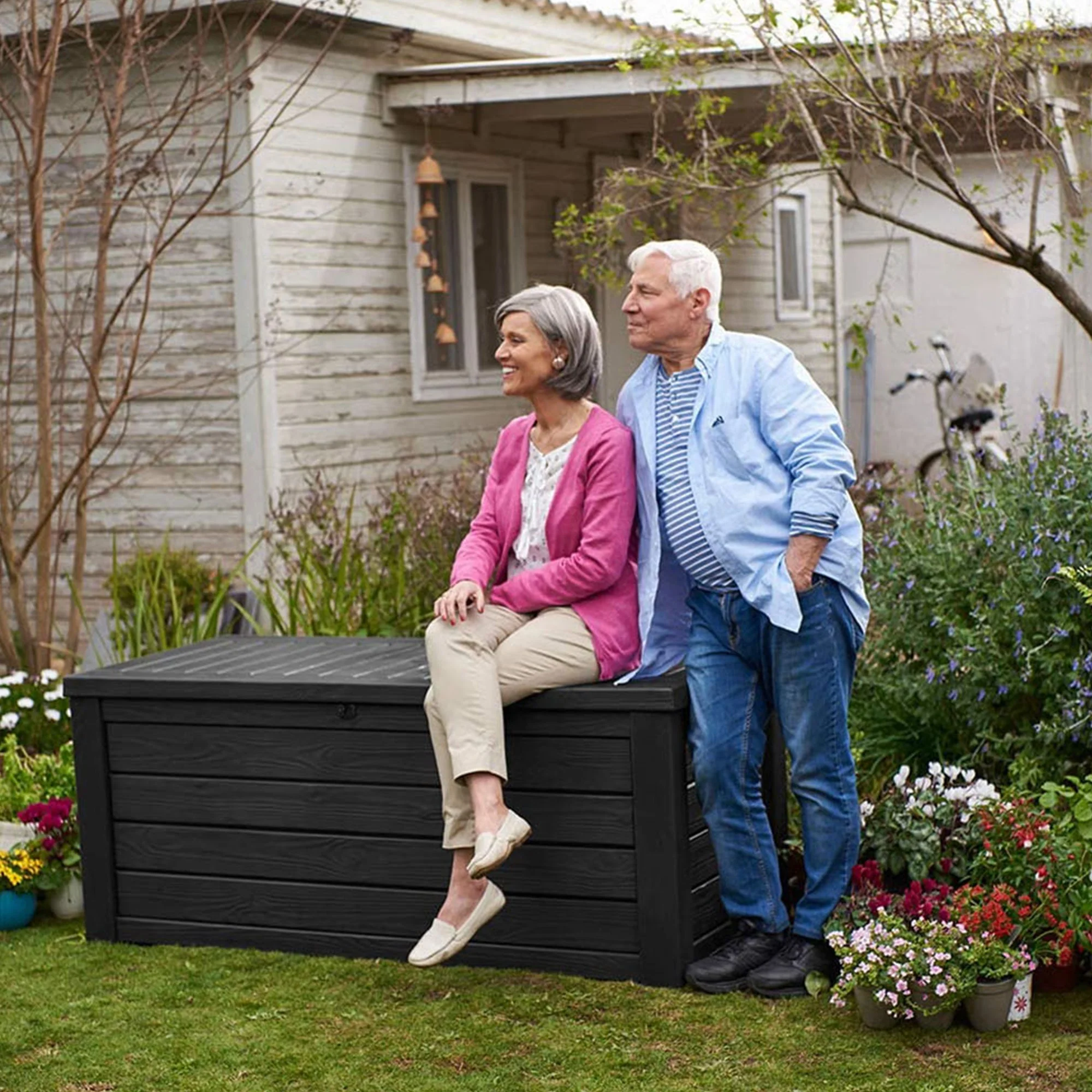 Keter Westwood Outdoor 150 Gal Deck Storage Box for Yard Tools, Grey (2 Pack) - Image 6