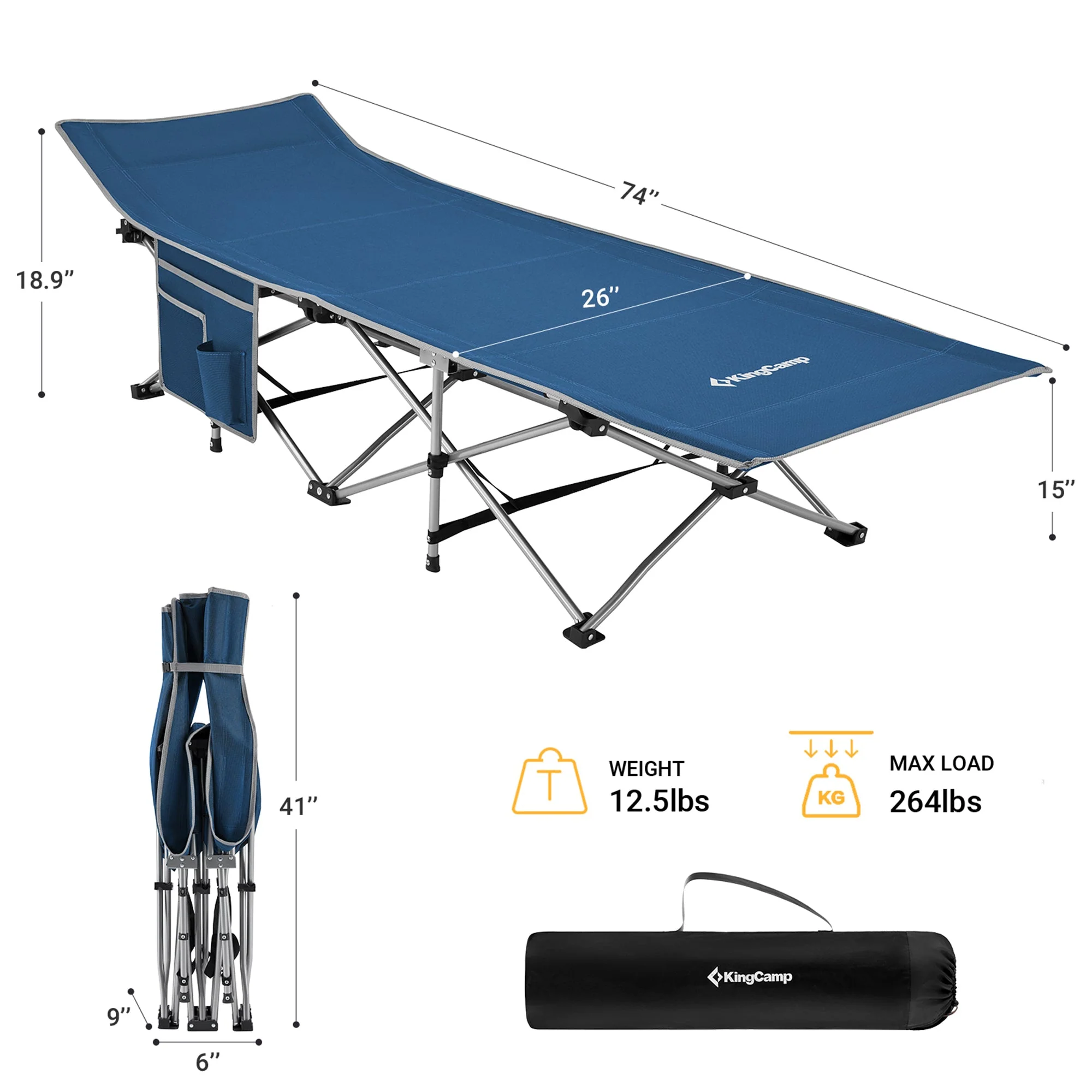 KingCamp Folding Portable Outdoor Camping Cot w/ Multi Layer Side Pocket, Blue - Image 4