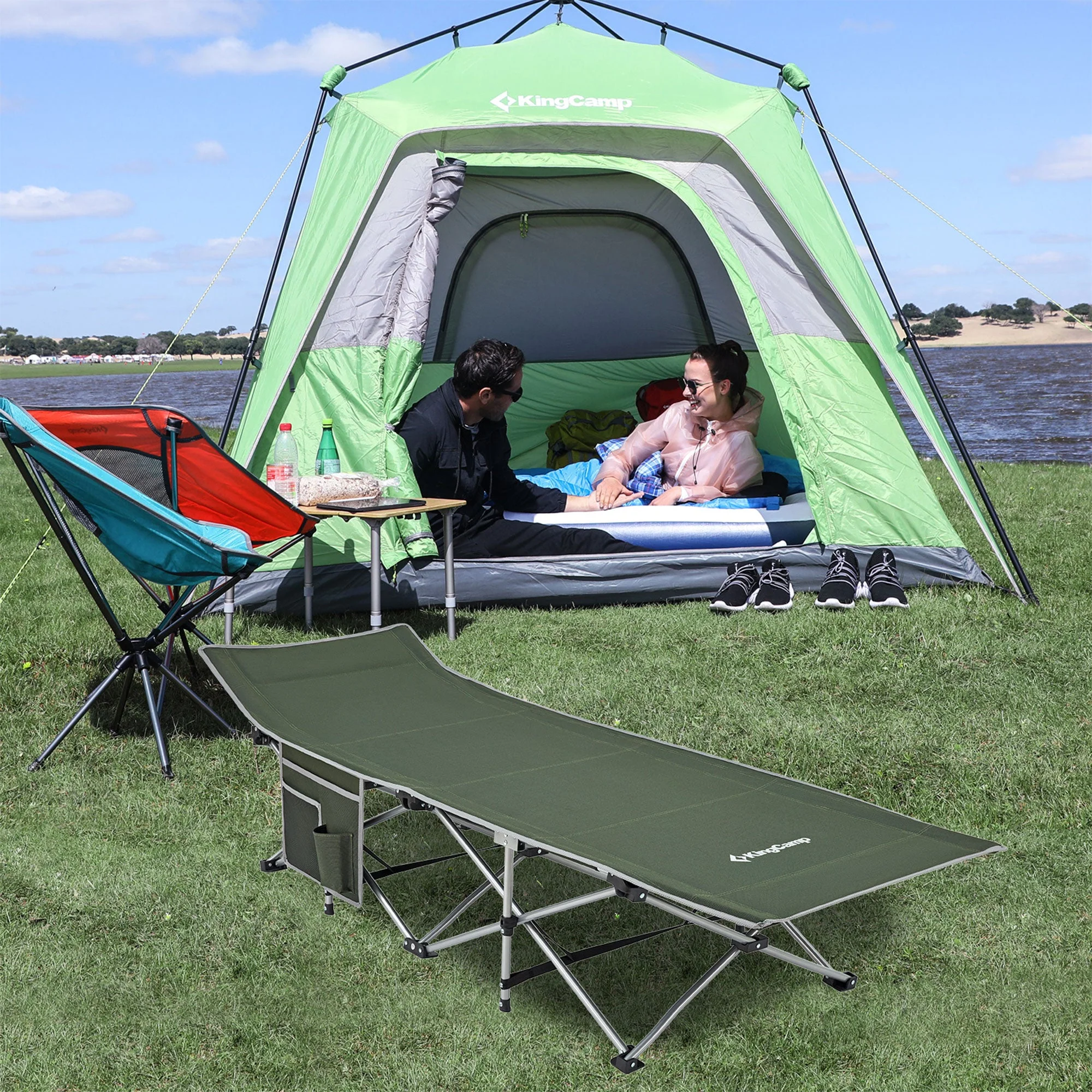 KingCamp Folding Portable Outdoor Camping Cot w/ Multi Layer Side Pocket, Green - Image 8