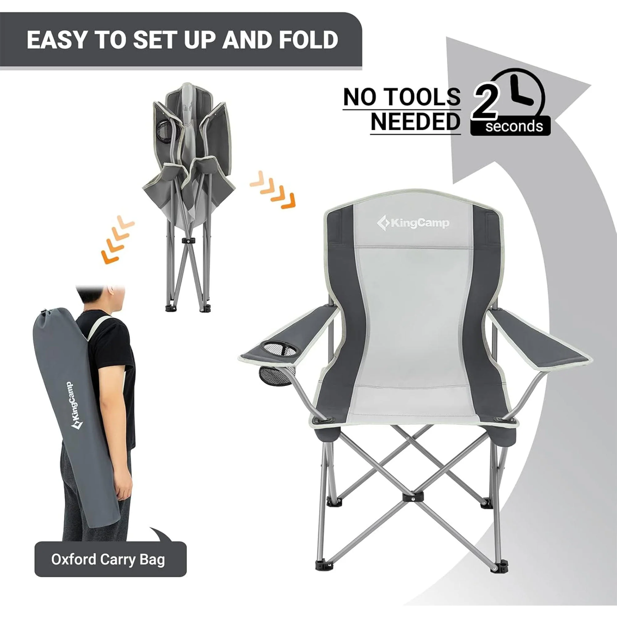 KingCamp Lightweight Folding Outdoor Camping Chair with Cupholder, Black/Grey - Image 6
