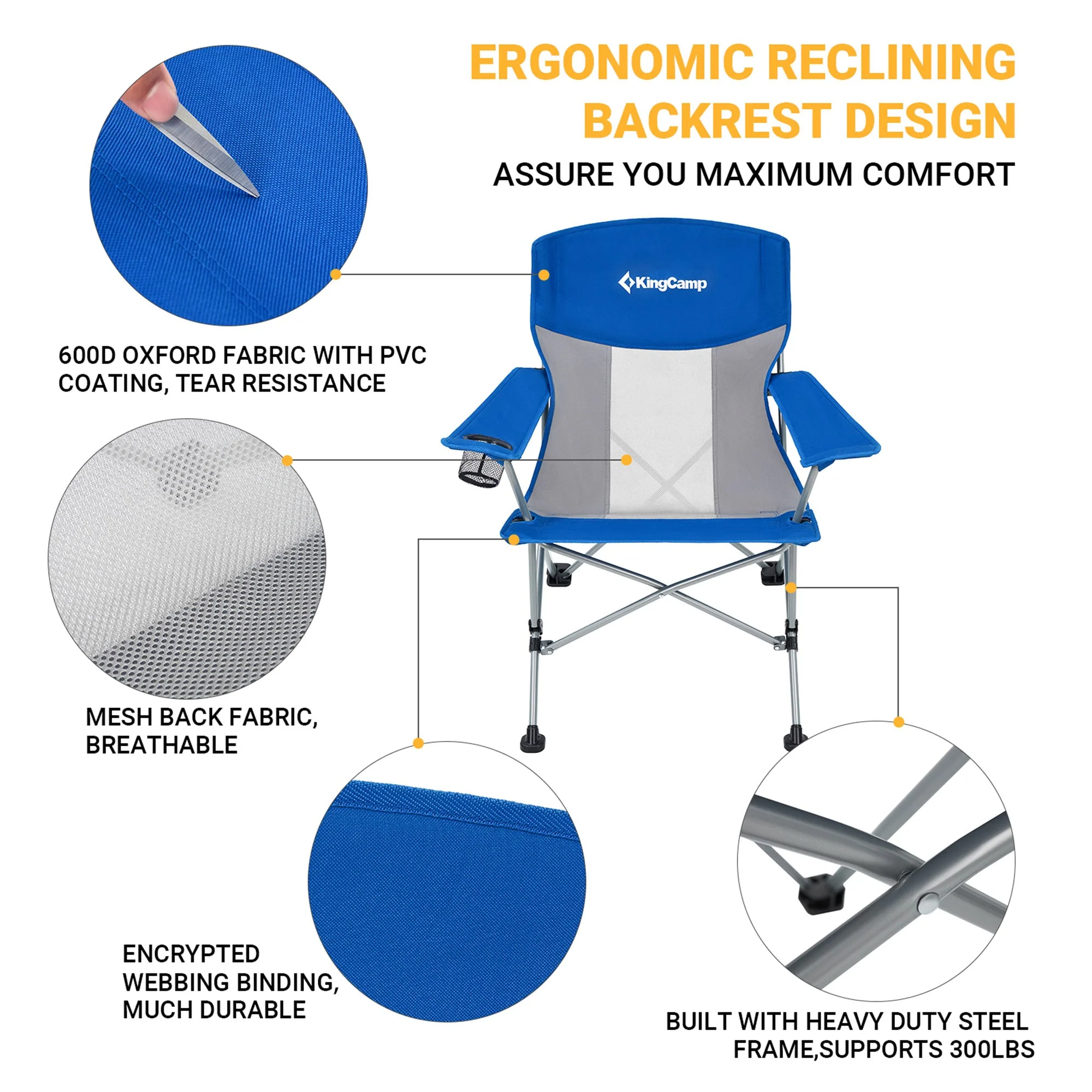 KingCamp Mesh Oversized Outdoor Camping Lounge Chair with Cupholder, Blue/Grey - Image 6
