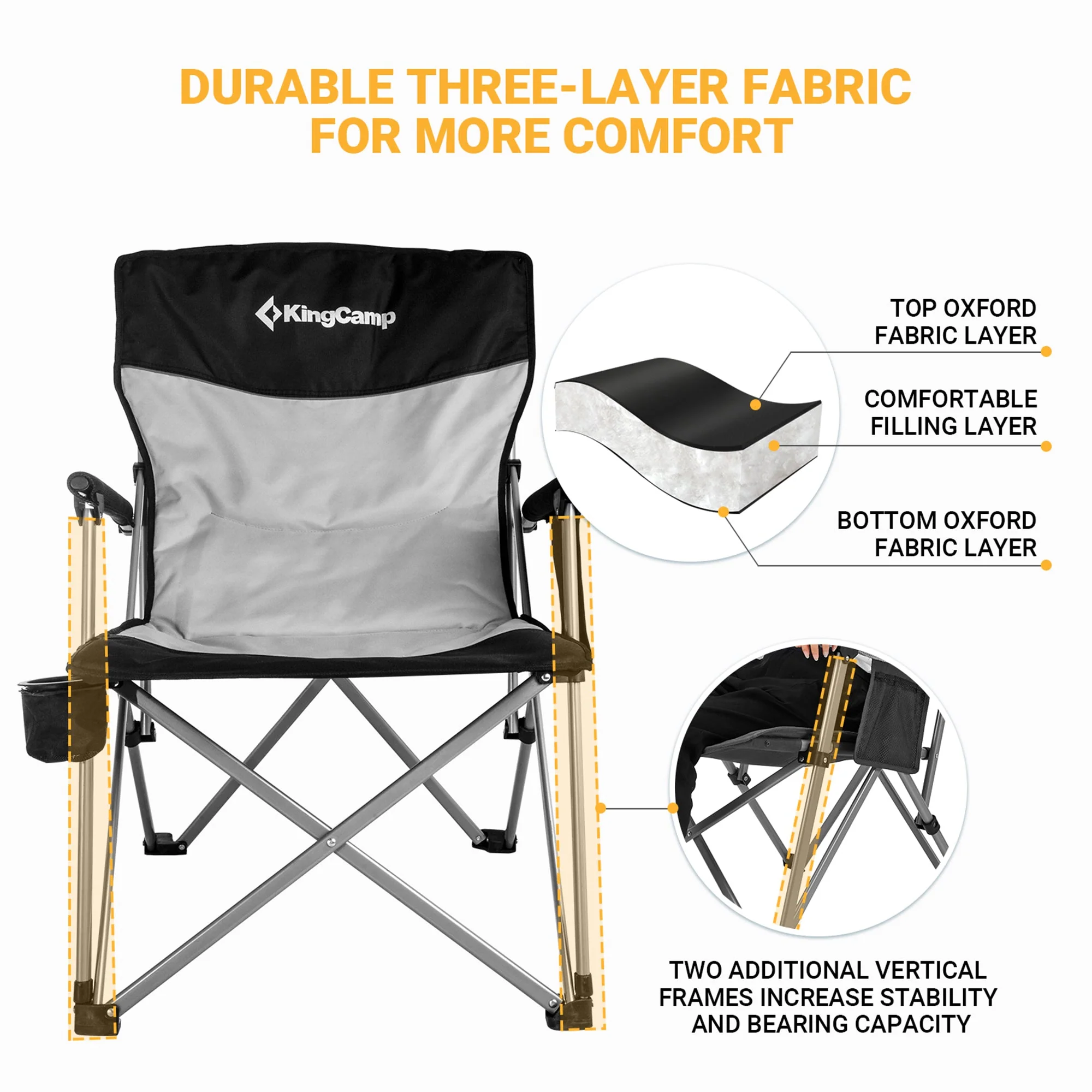 KingCamp Padded Outdoor Camping Lounge Chair with Cupholder & Pocket, Black/Grey - Image 8