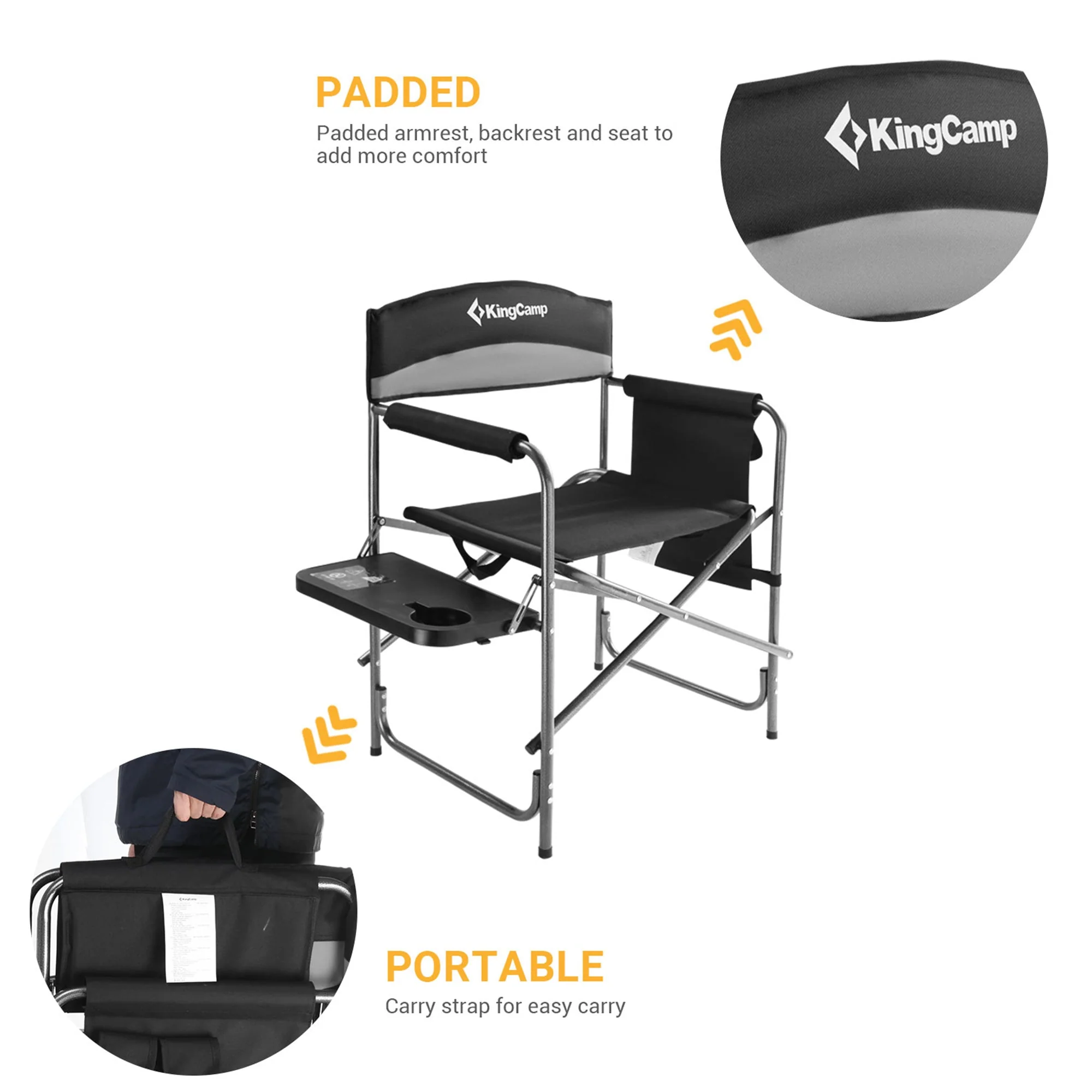 KingCamp Padded Outdoor Folding Chair with Table & Pockets, Black/Grey (2 Pack) - Image 7