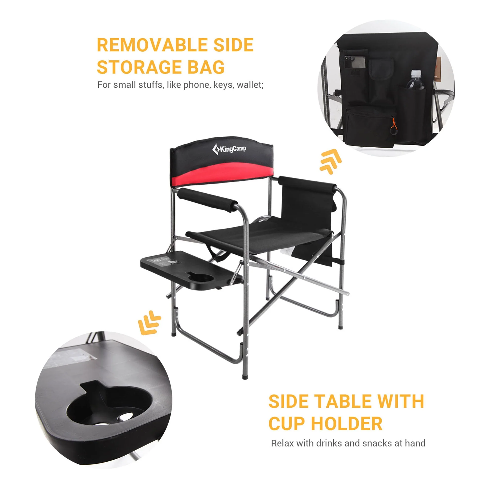 KingCamp Padded Outdoor Folding Chair with Table & Pockets, Black/Red (2 Pack) - Image 4