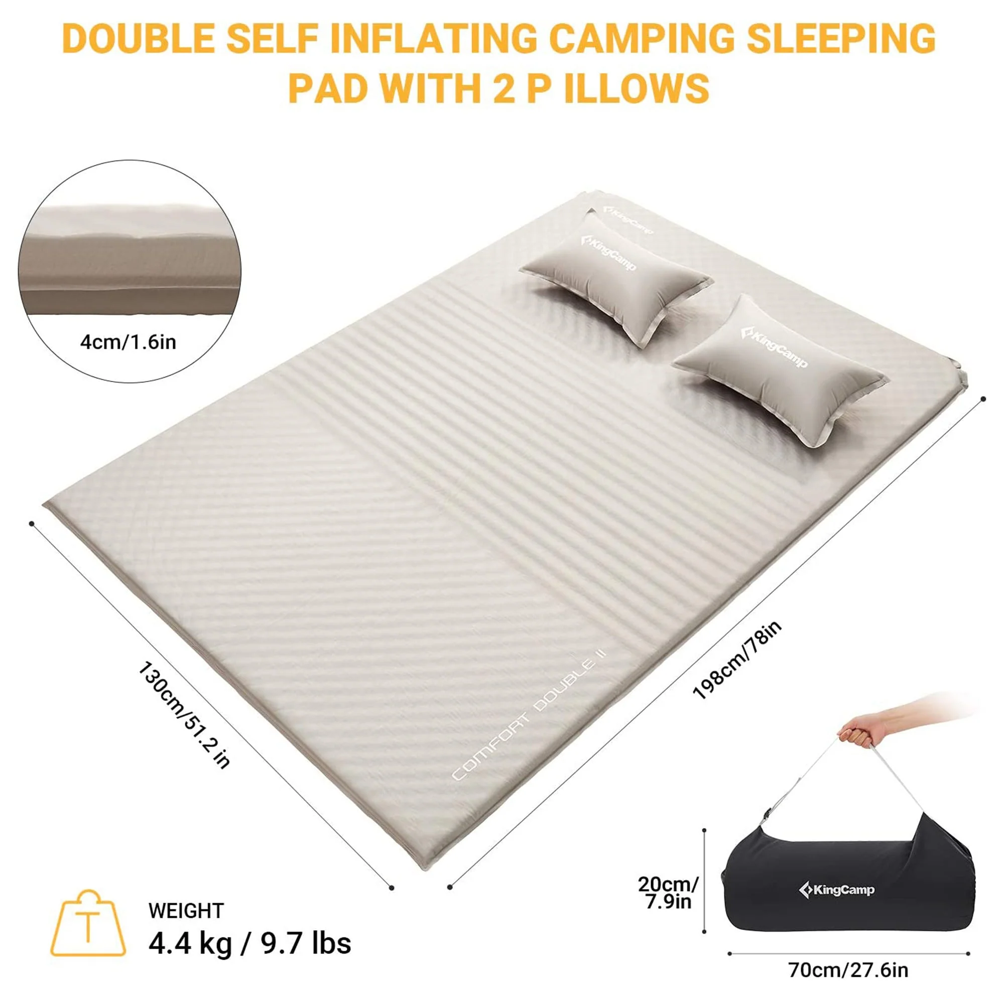 KingCamp Self-Inflating Sleeping Pad Mat Camping Mattress with 2 Pillows, Beige - Image 6