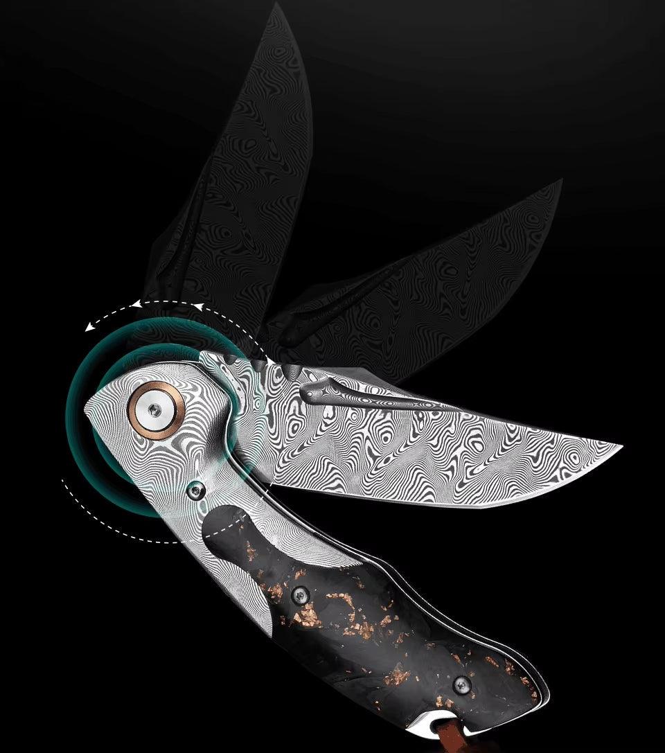 Kronos Damascus Pocket Knife – Carbon Fiber Handle