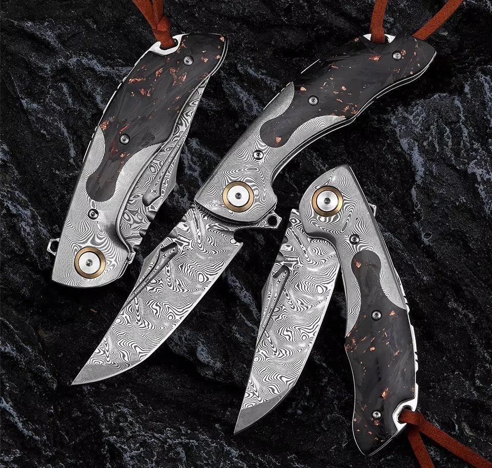Kronos Damascus Pocket Knife – Carbon Fiber Handle - Image 2