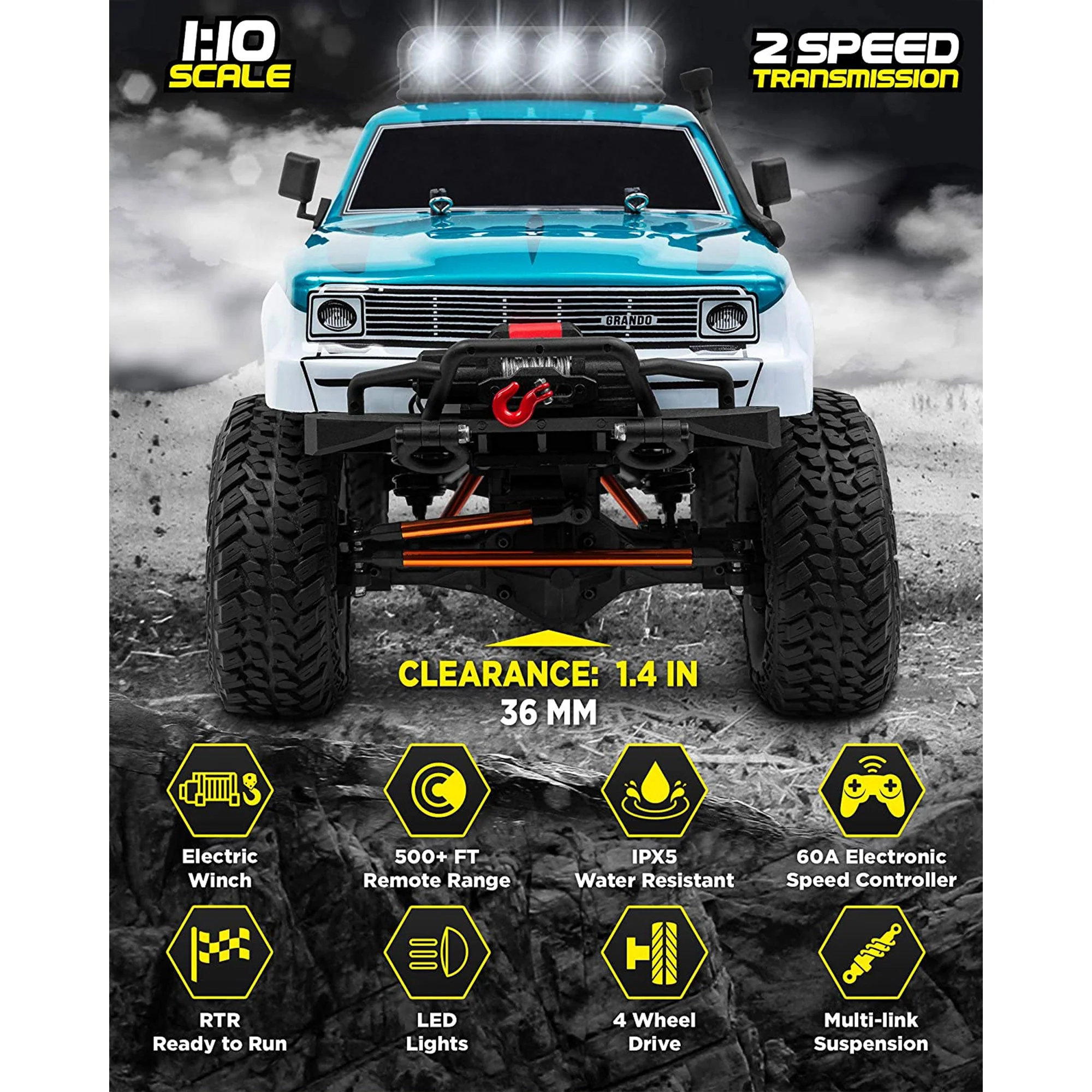 LAEGENDARY Grando 1:10 Scale RTR RC Remote Control Rock Crawler SUV, Blue-Green - Image 2