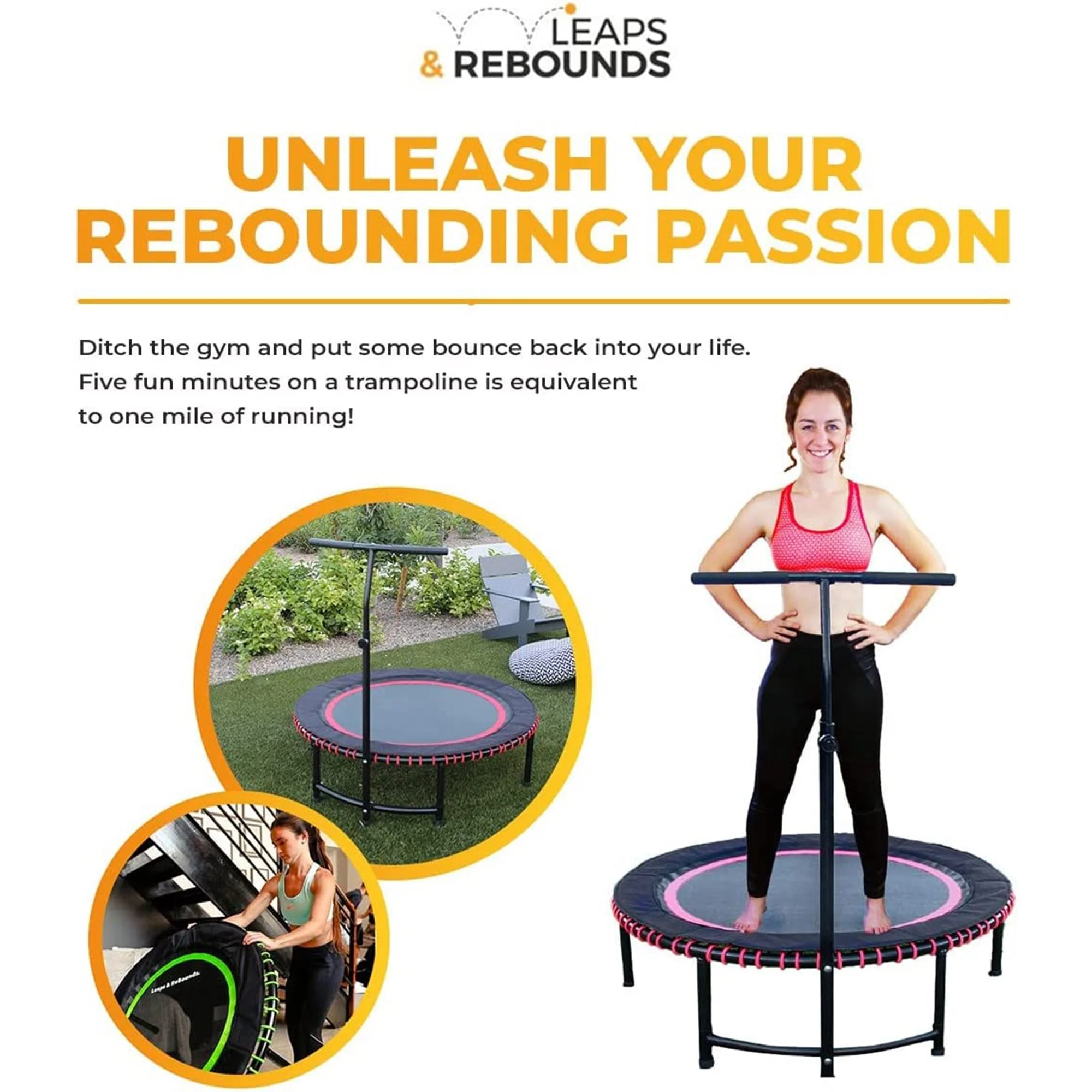 LEAPS & REBOUNDS 40" Adjustable Stability Bar w/ 40" Fitness Trampoline, Green - Image 10