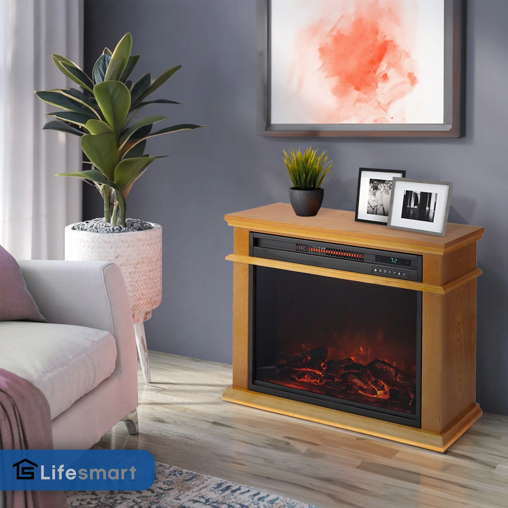 LifeSmart LifePro 1500W Portable Electric Infrared Quartz Indoor Fireplace, Oak - Image 4