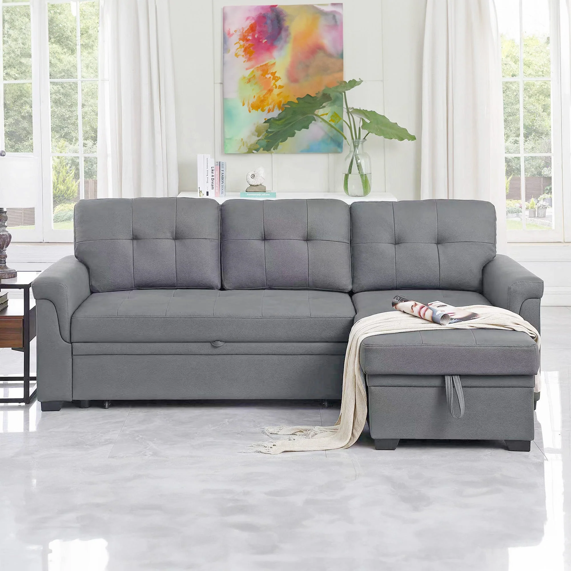 Lilola Home Lucca Performance Leather Sectional Sleeper Sofa with Storage, Gray - Image 6
