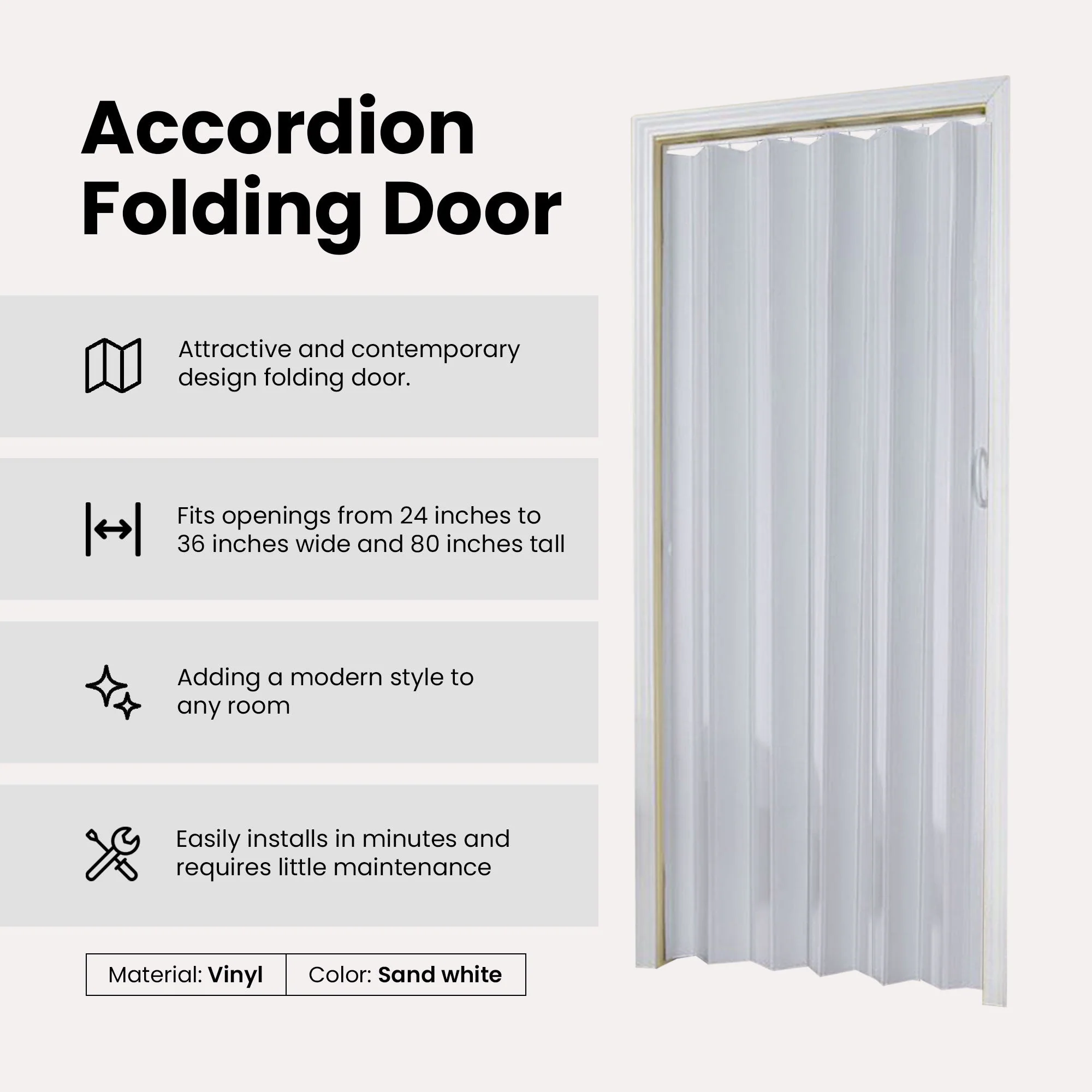 LTL Home Products Contempora Accordion Folding Door, 36 x 80 Inches, Sand White - Image 2
