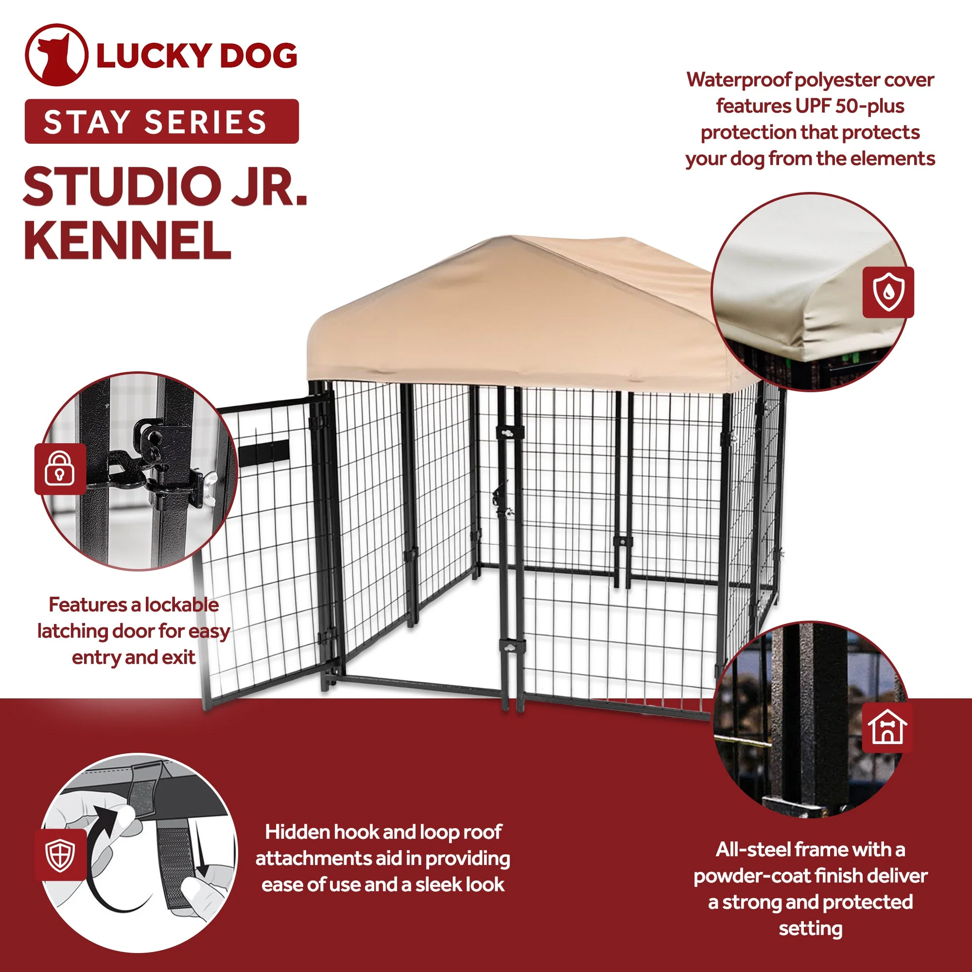 Lucky Dog STAY Series Studio Jr. 4x4x4.3 Ft Roofed Steel Frame Dog Kennel, Khaki - Image 2