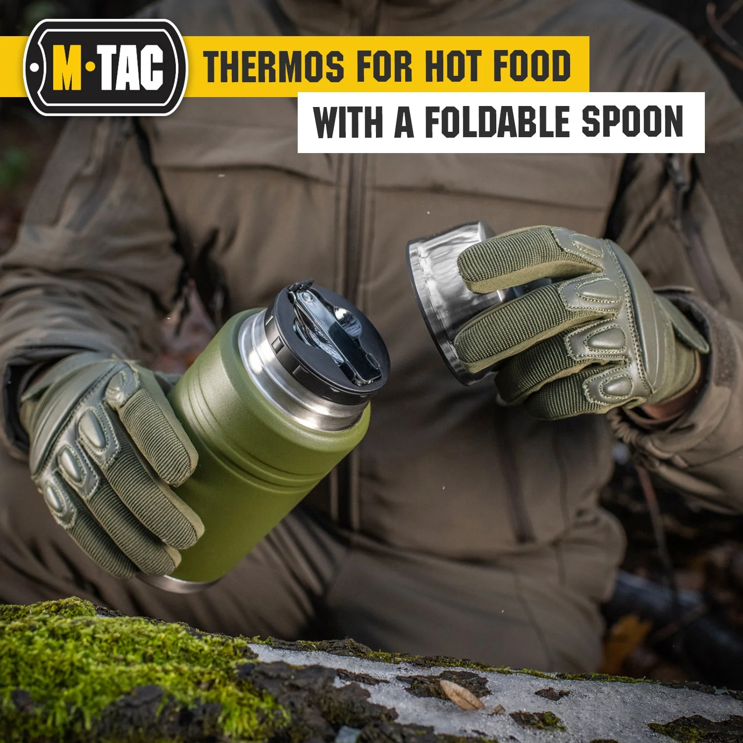 M-Tac Stainless 25 oz Thermos with folding spoon Olive - Image 2