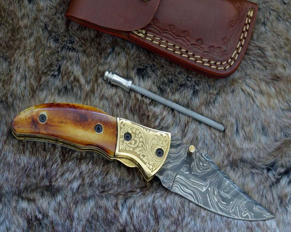 Marshal Damascus Folding Knife with Charred Bone Handle - Image 4