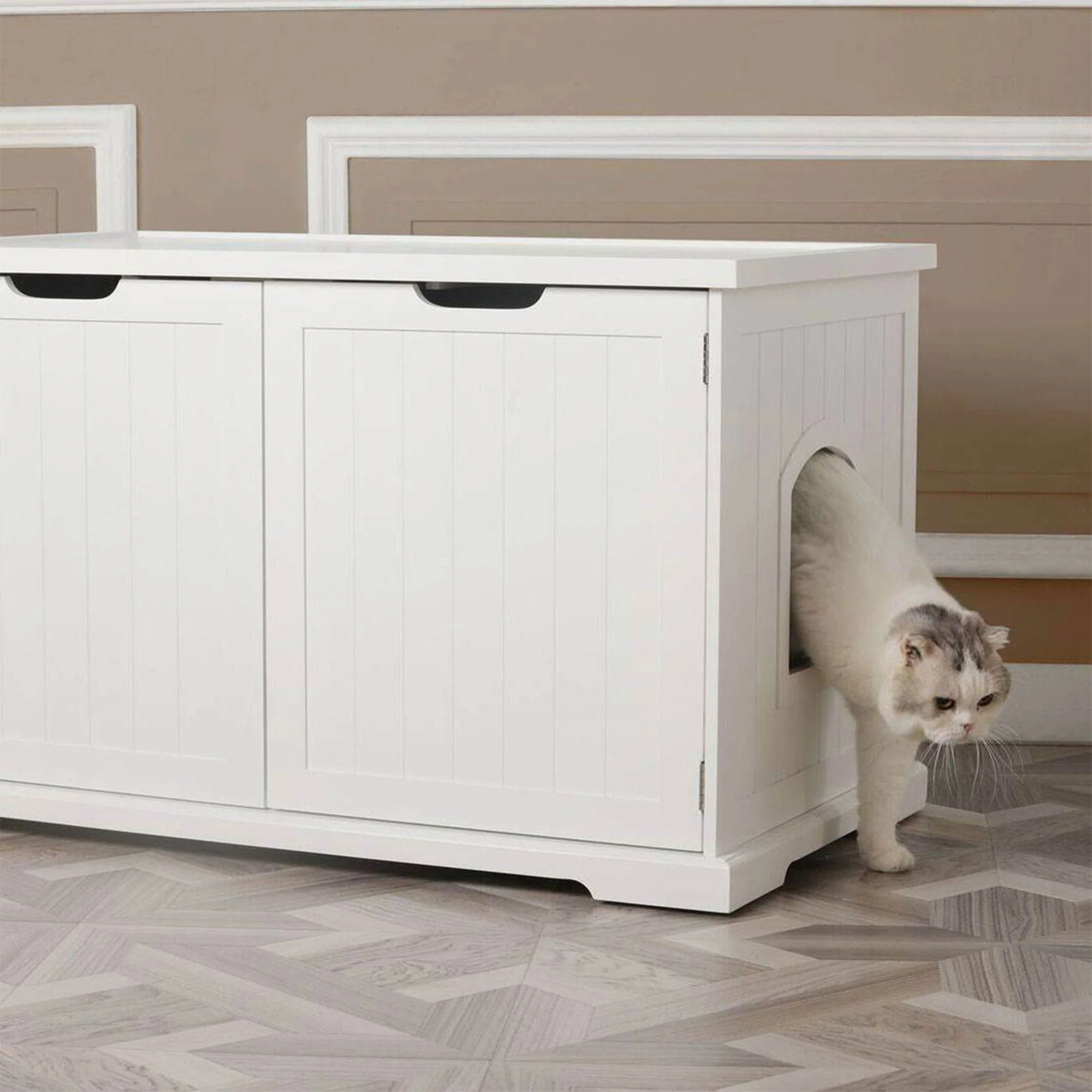 Merry Products Pet Cat Washroom Bench Box with Removable Partition Wall, White - Image 10