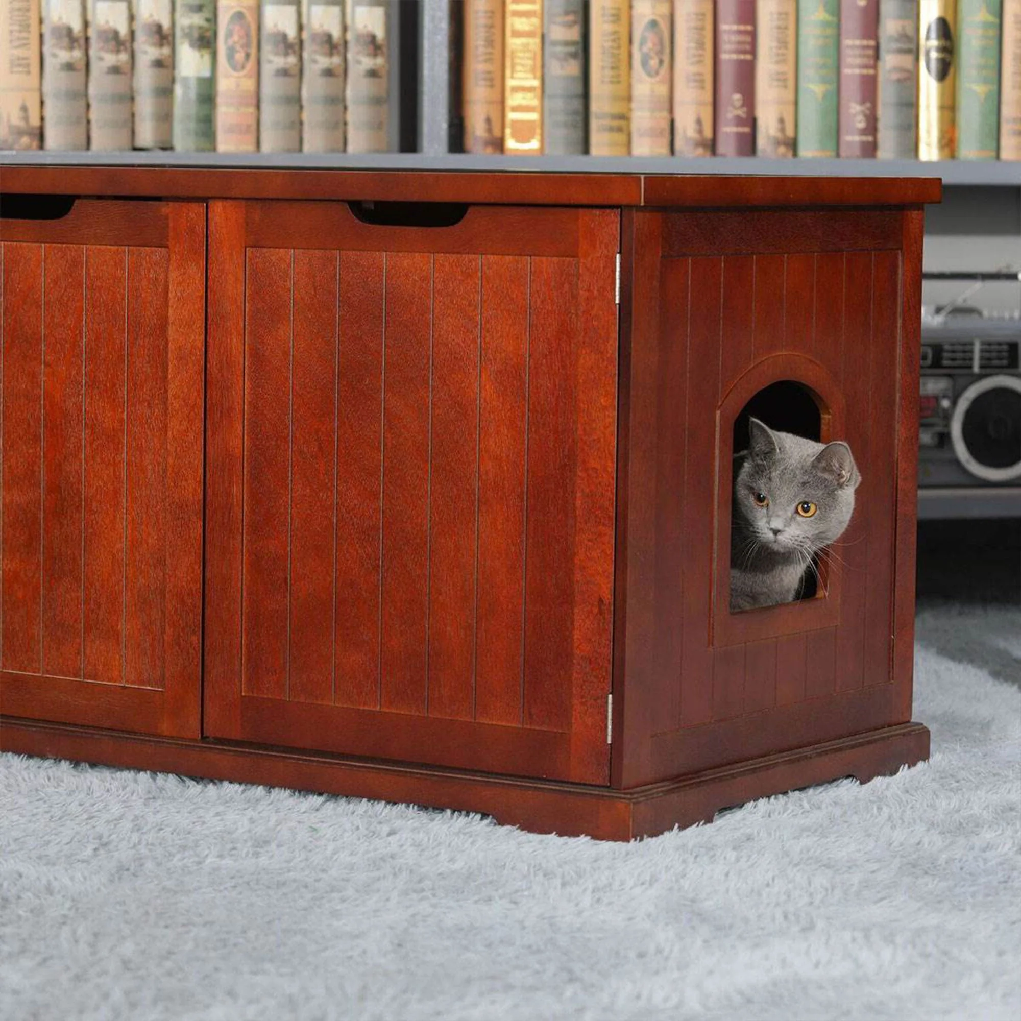 Merry Products Pet Cat Washroom Bench with Removable Partition Wall, Walnut - Image 11